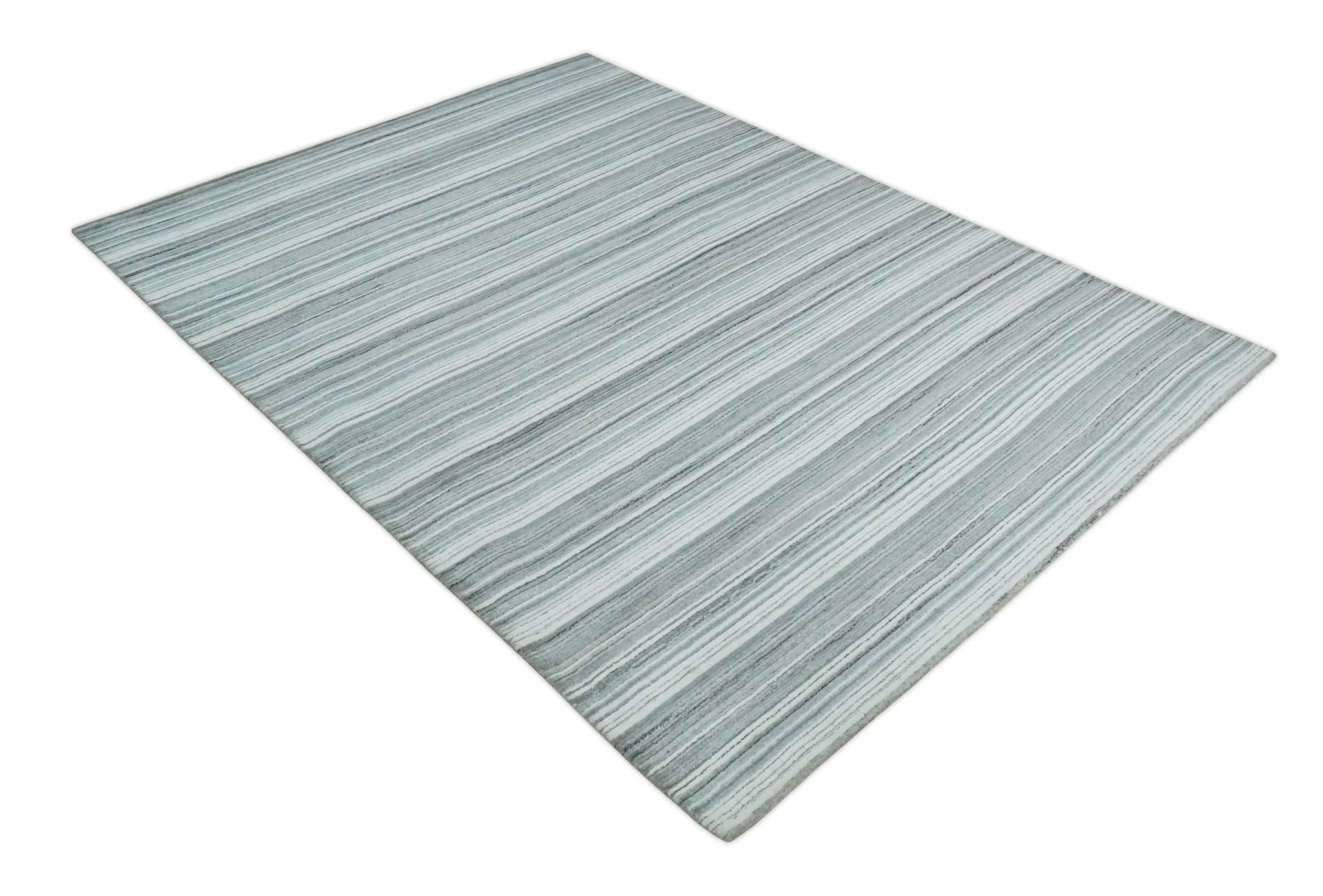 Striped Flatwoven 8x10 White, Silver and Gray Scandinavian Hand Made Blended Wool Area Rug | KE3 - Image 10