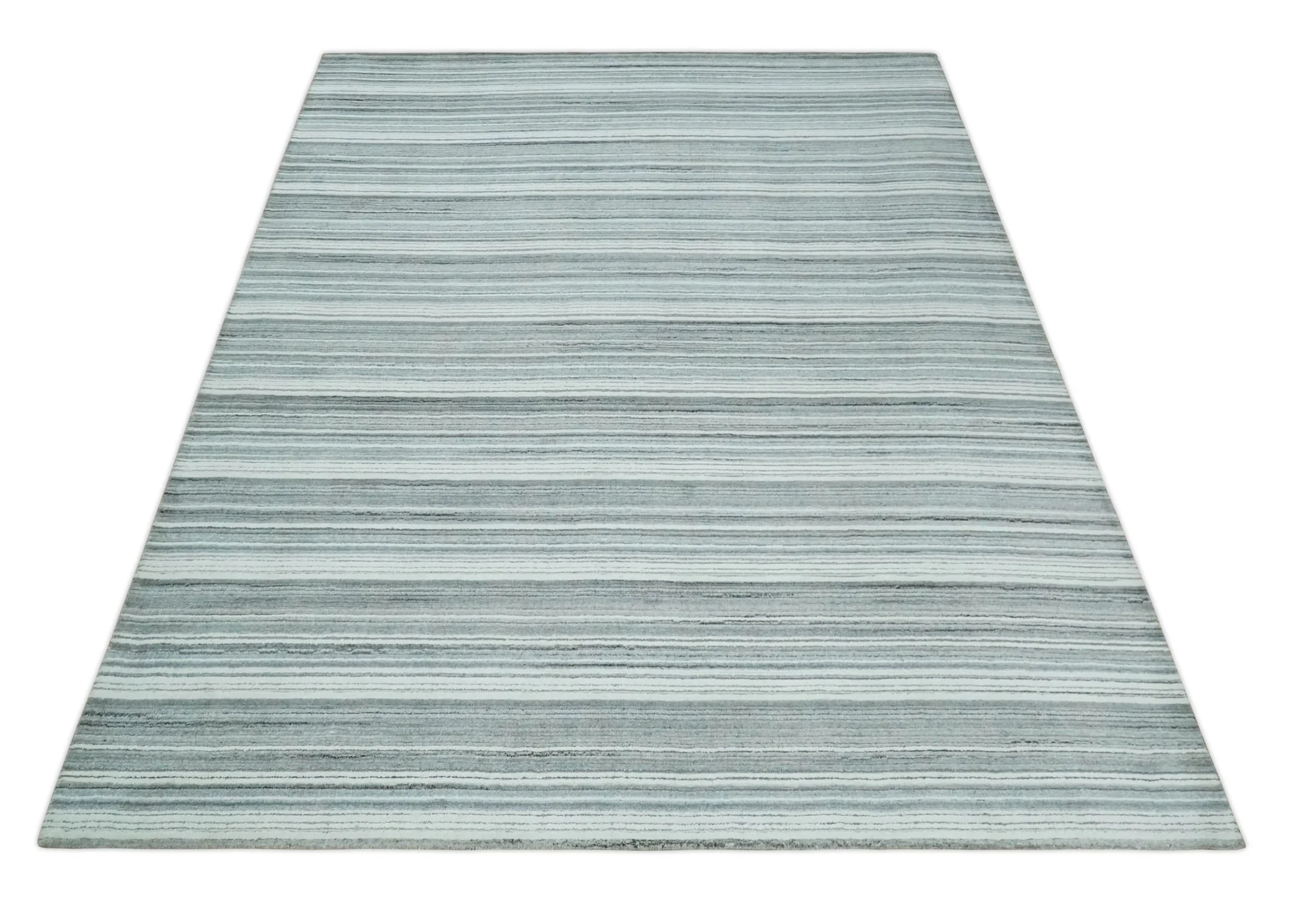 Striped Flatwoven 8x10 White, Silver and Gray Scandinavian Hand Made Blended Wool Area Rug | KE3 - Image 11