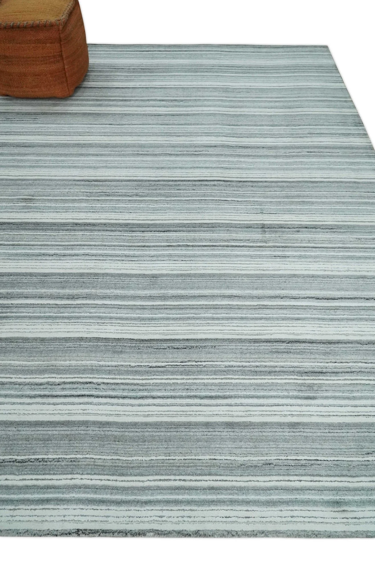 Striped Flatwoven 8x10 White, Silver and Gray Scandinavian Hand Made Blended Wool Area Rug | KE3 - Image 3