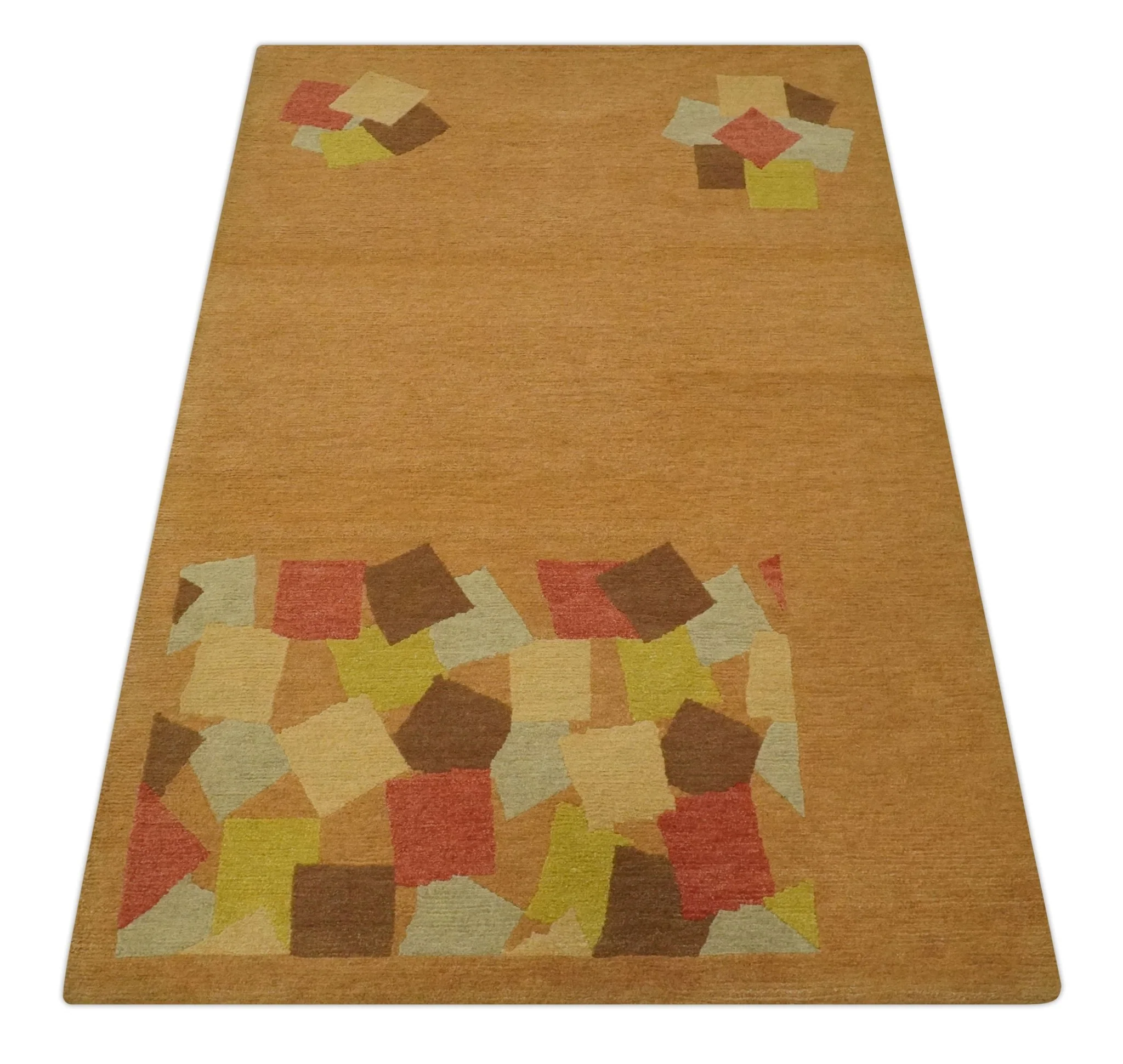 Solid Gold with Multi Color geometrical design Hand loom 4x6 Wool Area Rug - Image 10