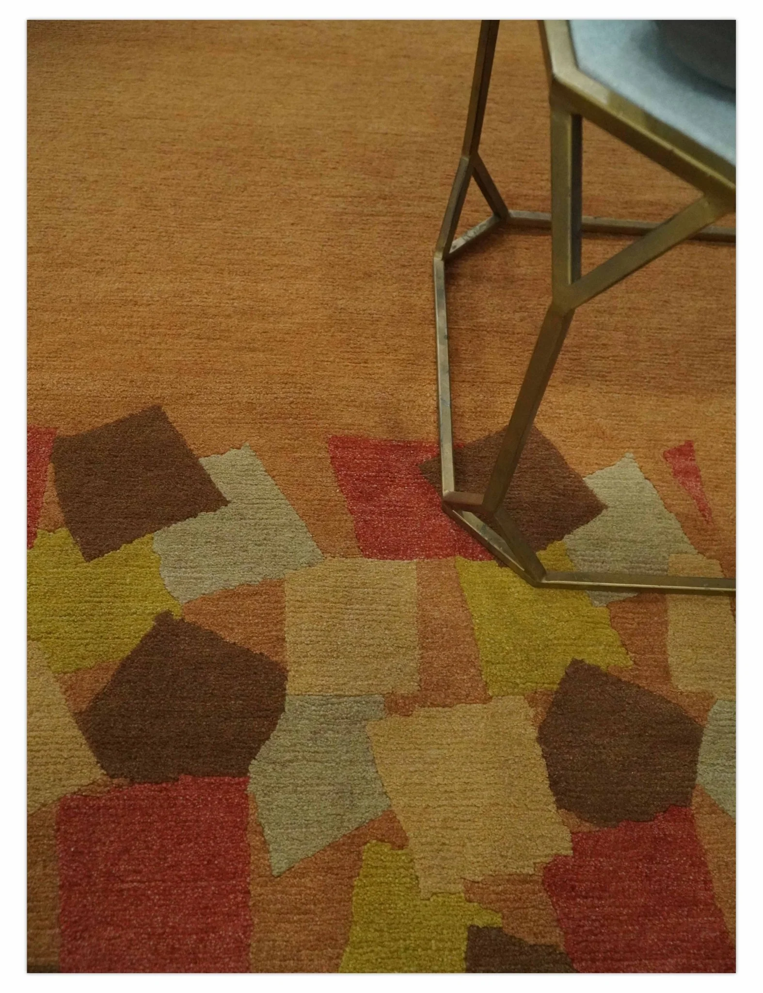 Solid Gold with Multi Color geometrical design Hand loom 4x6 Wool Area Rug - Image 2