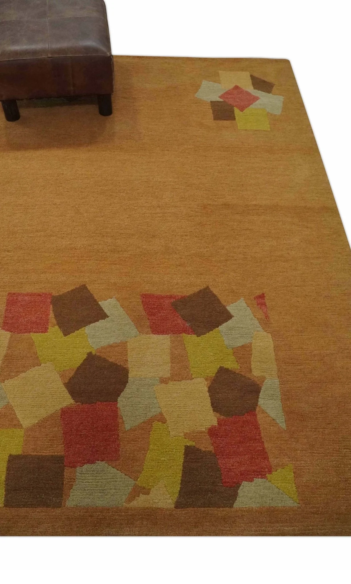 Solid Gold with Multi Color geometrical design Hand loom 4x6 Wool Area Rug - Image 3