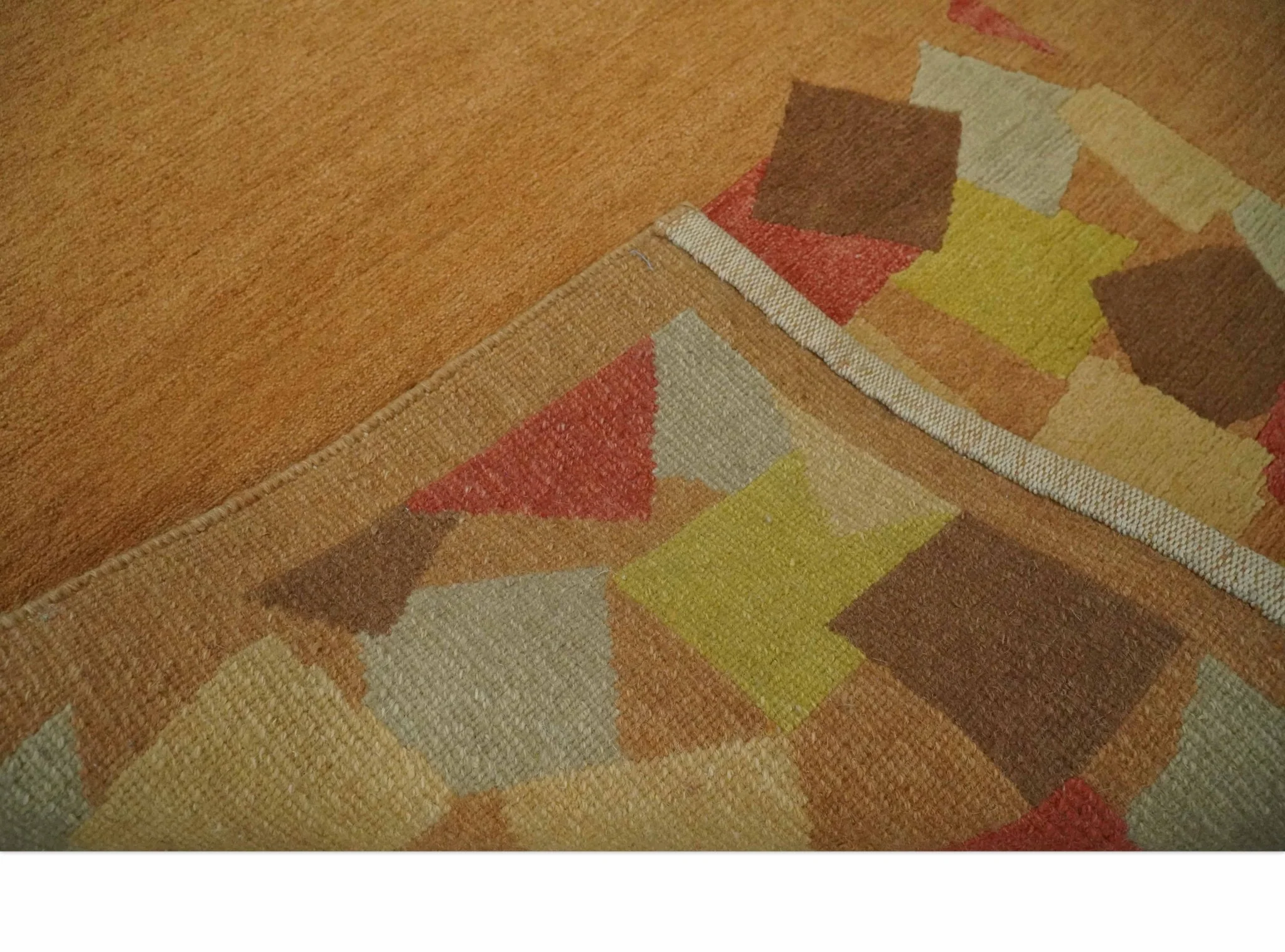 Solid Gold with Multi Color geometrical design Hand loom 4x6 Wool Area Rug - Image 7