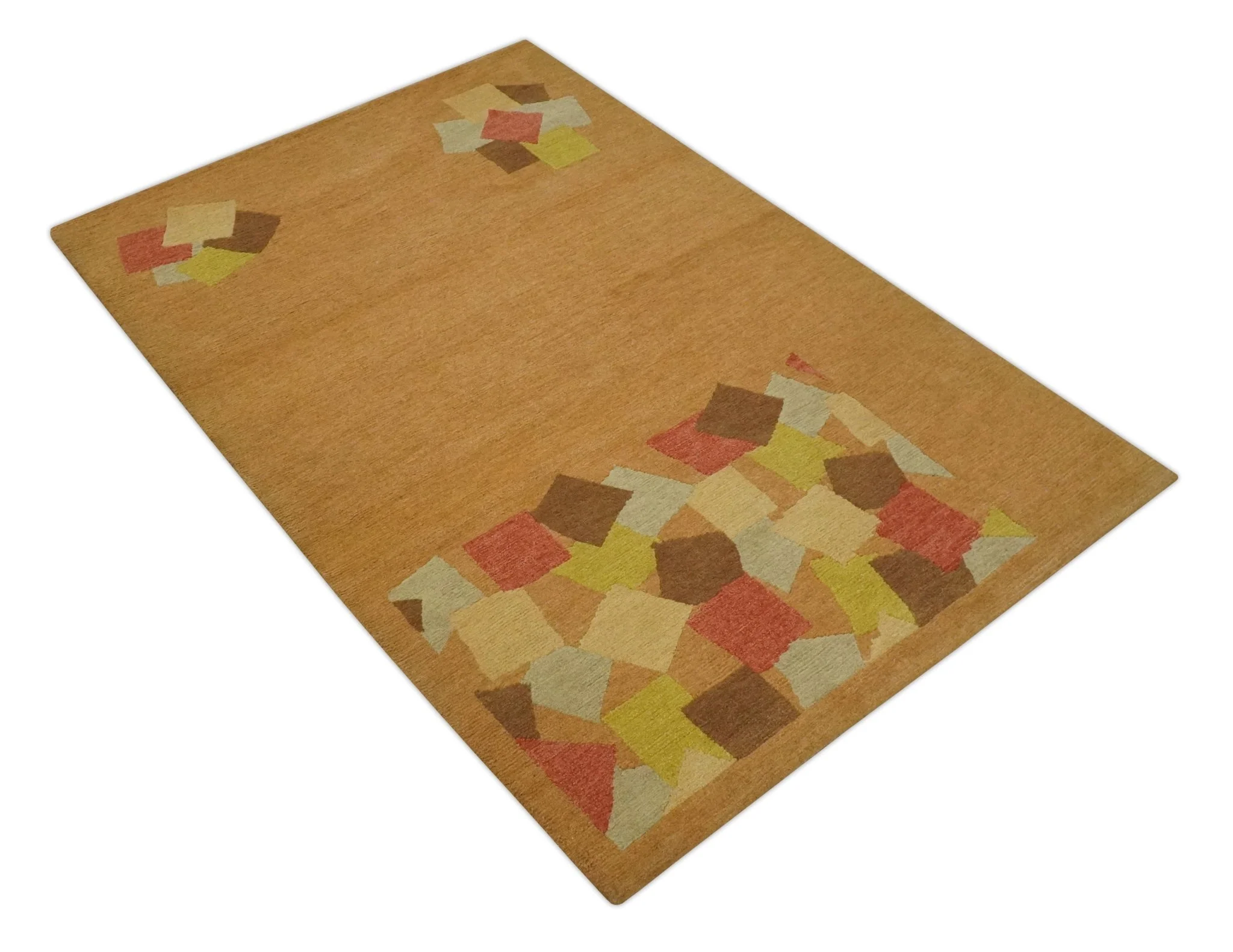 Solid Gold with Multi Color geometrical design Hand loom 4x6 Wool Area Rug - Image 9