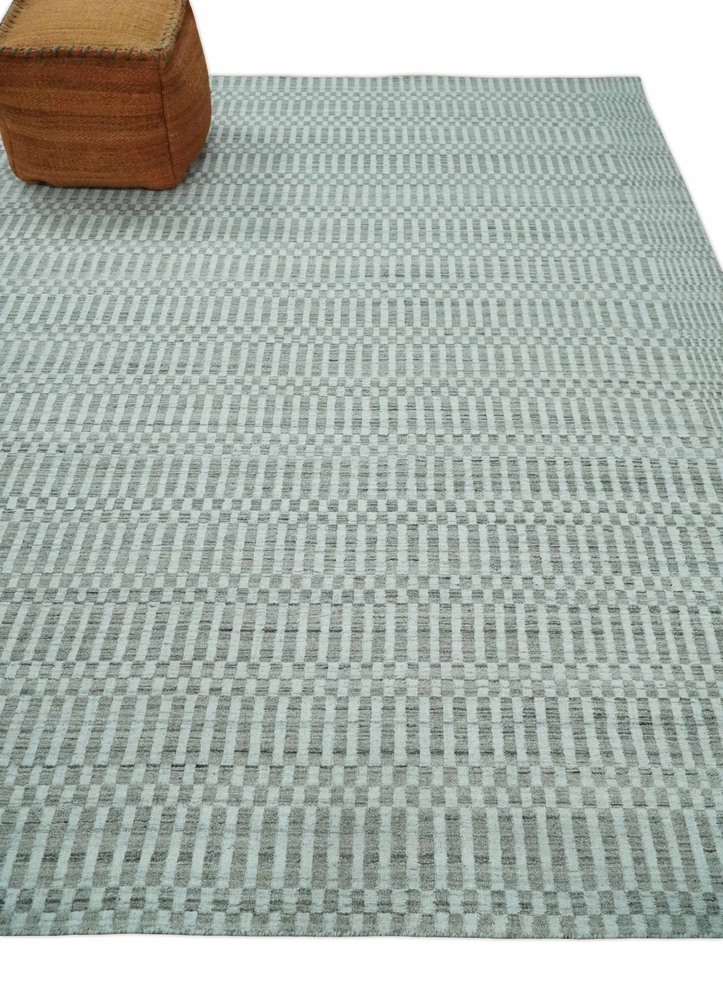8x10 Hand Made Modern Trellis Ivory and Brown Scandinavian Blended Wool Flatwoven Area Rug | KE7 - Image 3