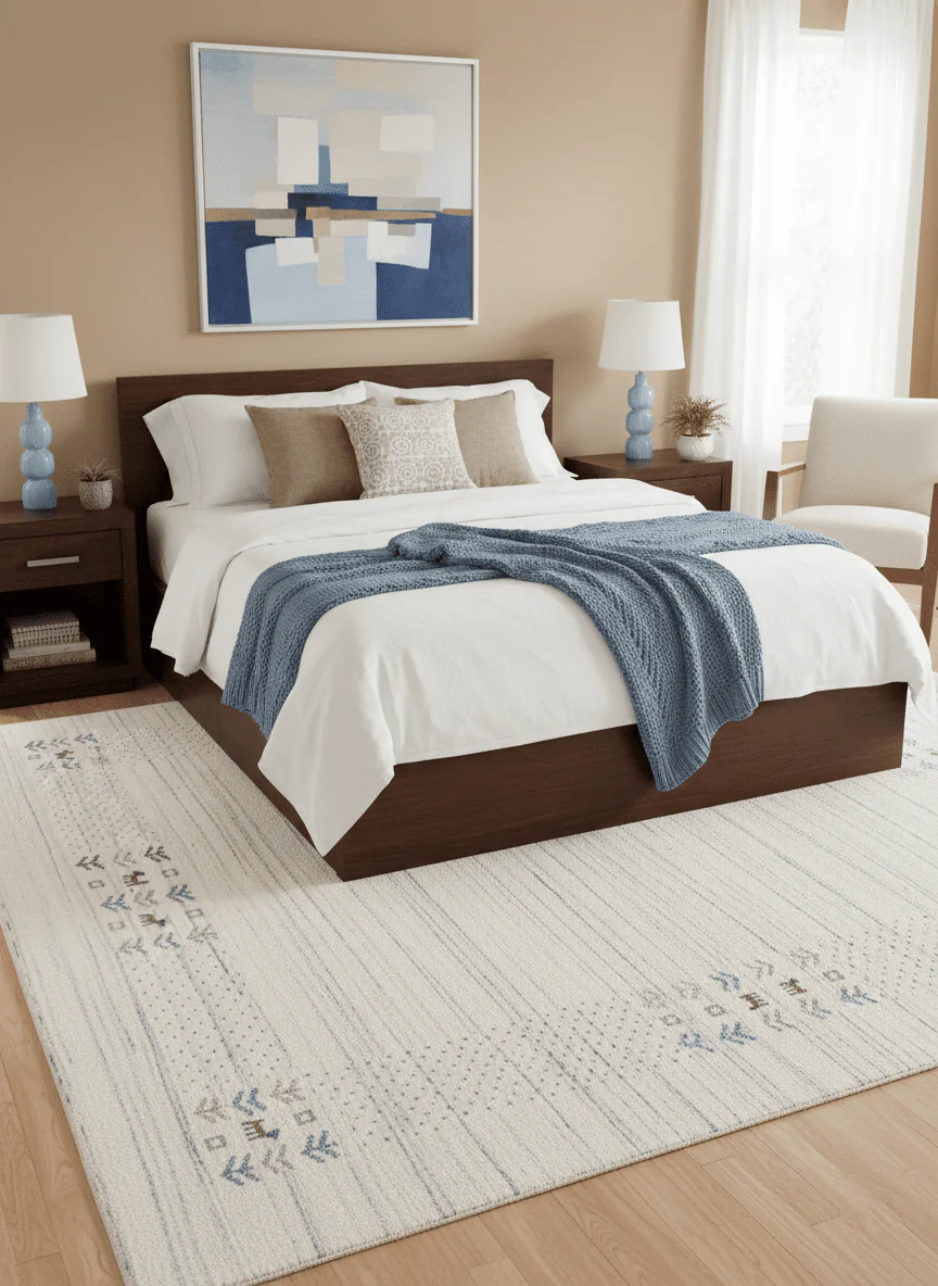 Solid Ivory Border Patterns Hand Loomed Wool Area Rug - Image 2