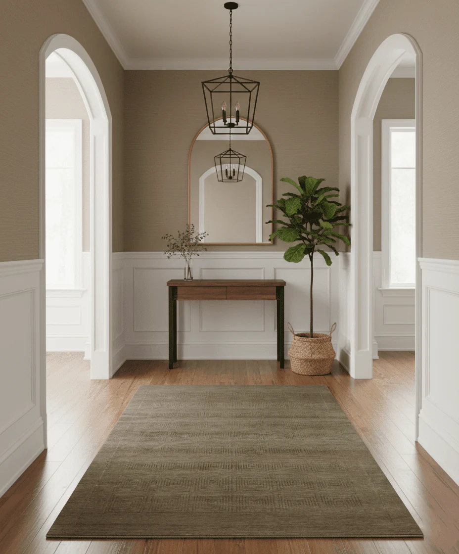 Modern Solid Olive Geometrical Pattern Contemporary Handloom 5x7 wool and Art silk Area Rug - Image 2