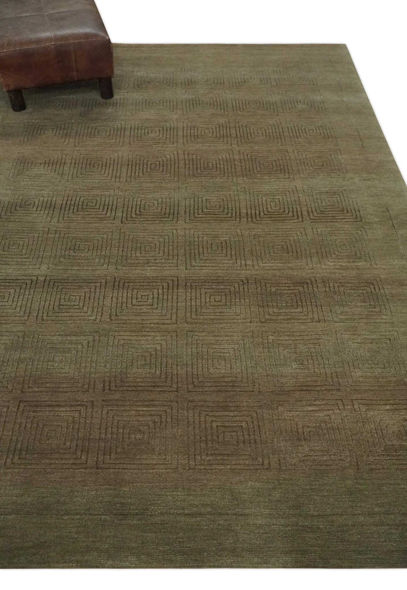 Modern Solid Olive Geometrical Pattern Contemporary Handloom 5x7 wool and Art silk Area Rug - Image 4