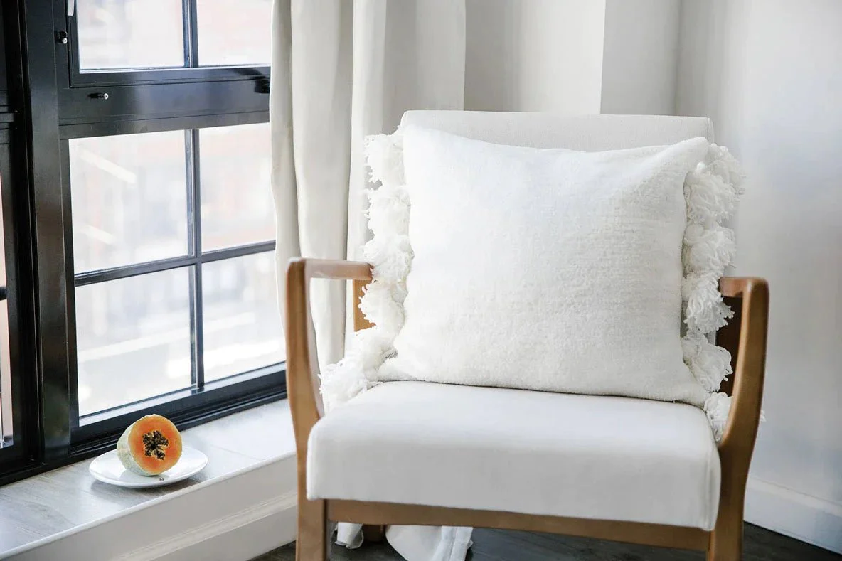 Solid Sahara Tan, Off White, Navy and Black 20x20 Inches Pom Pom Throw Pillow - Image 10