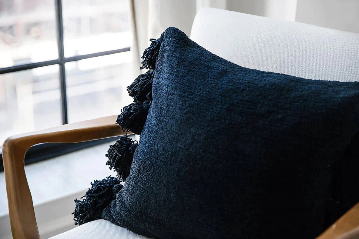 Solid Sahara Tan, Off White, Navy and Black 20x20 Inches Pom Pom Throw Pillow - Image 22