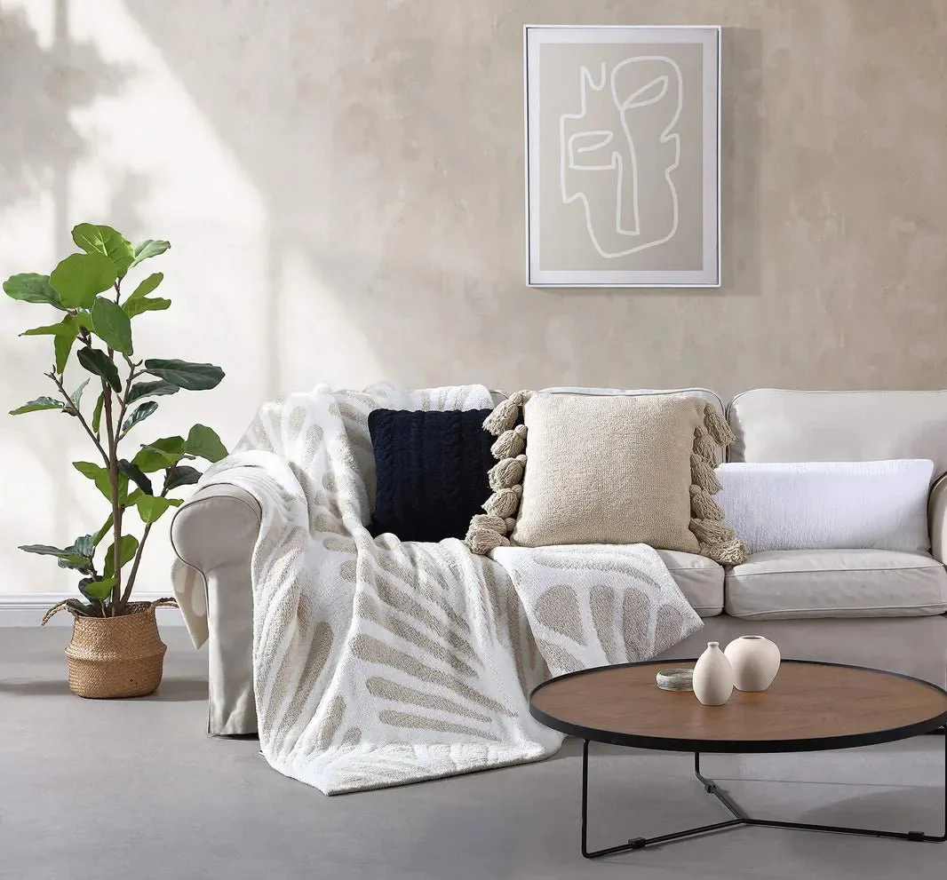 Solid Sahara Tan, Off White, Navy and Black 20x20 Inches Pom Pom Throw Pillow - Image 6