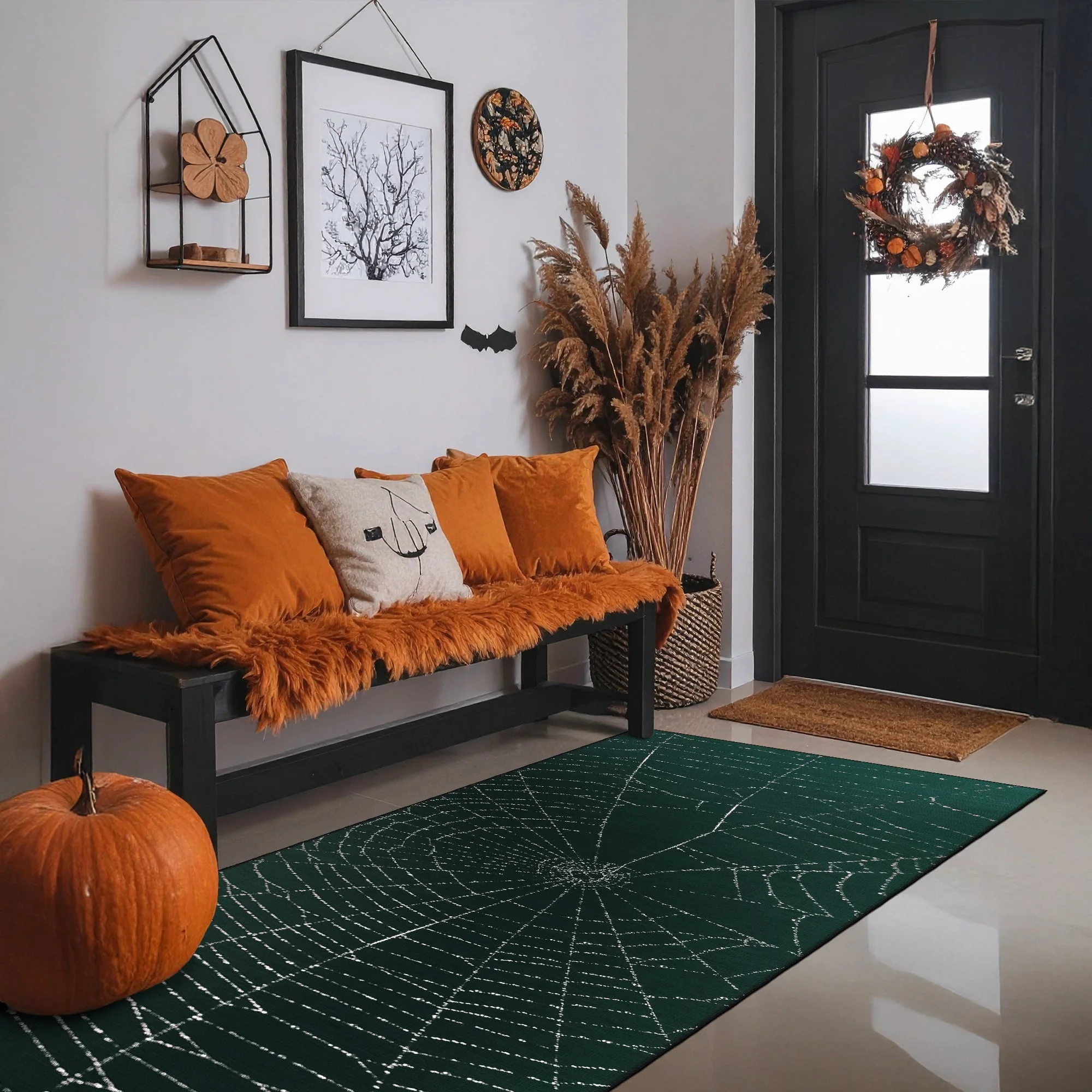 Spider Halloween Green Machine Washable Cotton Rug - Image 3