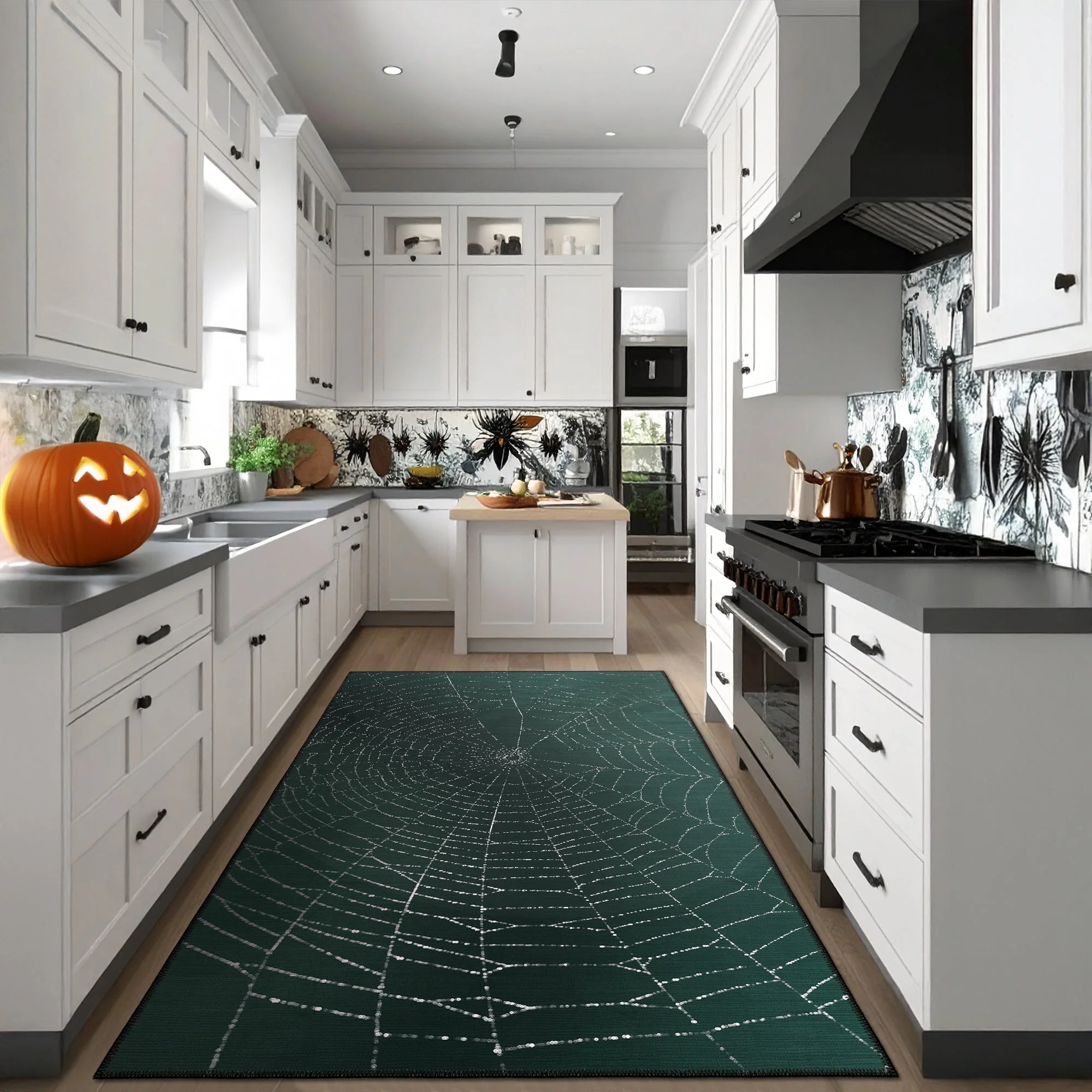 Spider Halloween Green Machine Washable Cotton Rug - Image 5