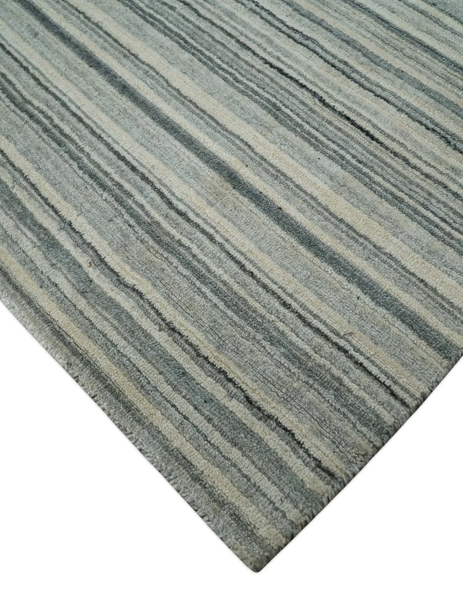Striped Flatwoven 8x10 Ivory, Beige and Gray Scandinavian Hand Made Blended Wool Area Rug | KE15 - Image 5