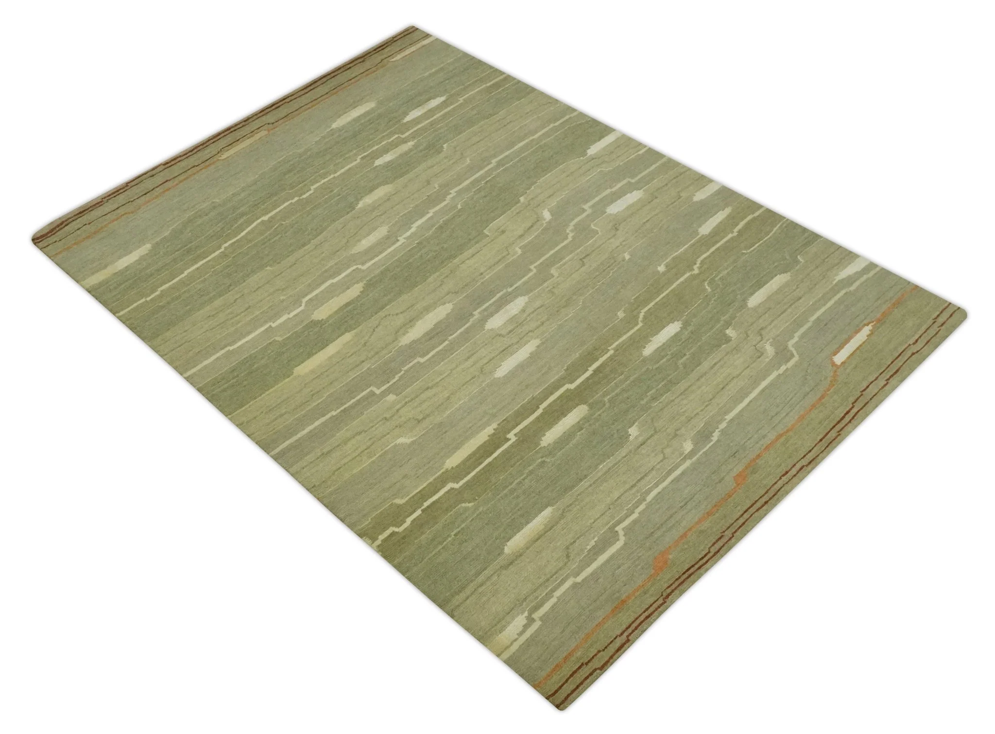 Modern stripes Design Olive, Light Green, Beige and Rust Hand loom 5x7 wool and Art Silk Area Rug - Image 10