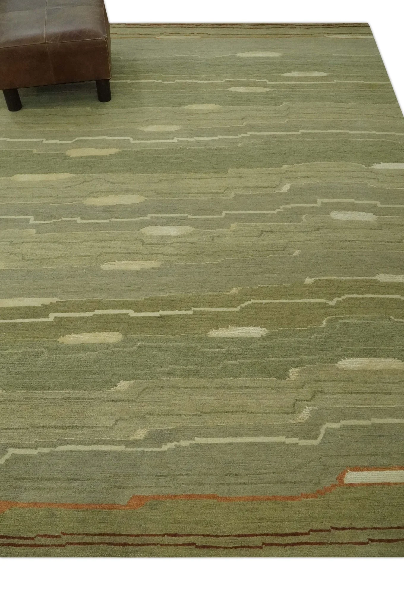 Modern stripes Design Olive, Light Green, Beige and Rust Hand loom 5x7 wool and Art Silk Area Rug - Image 3