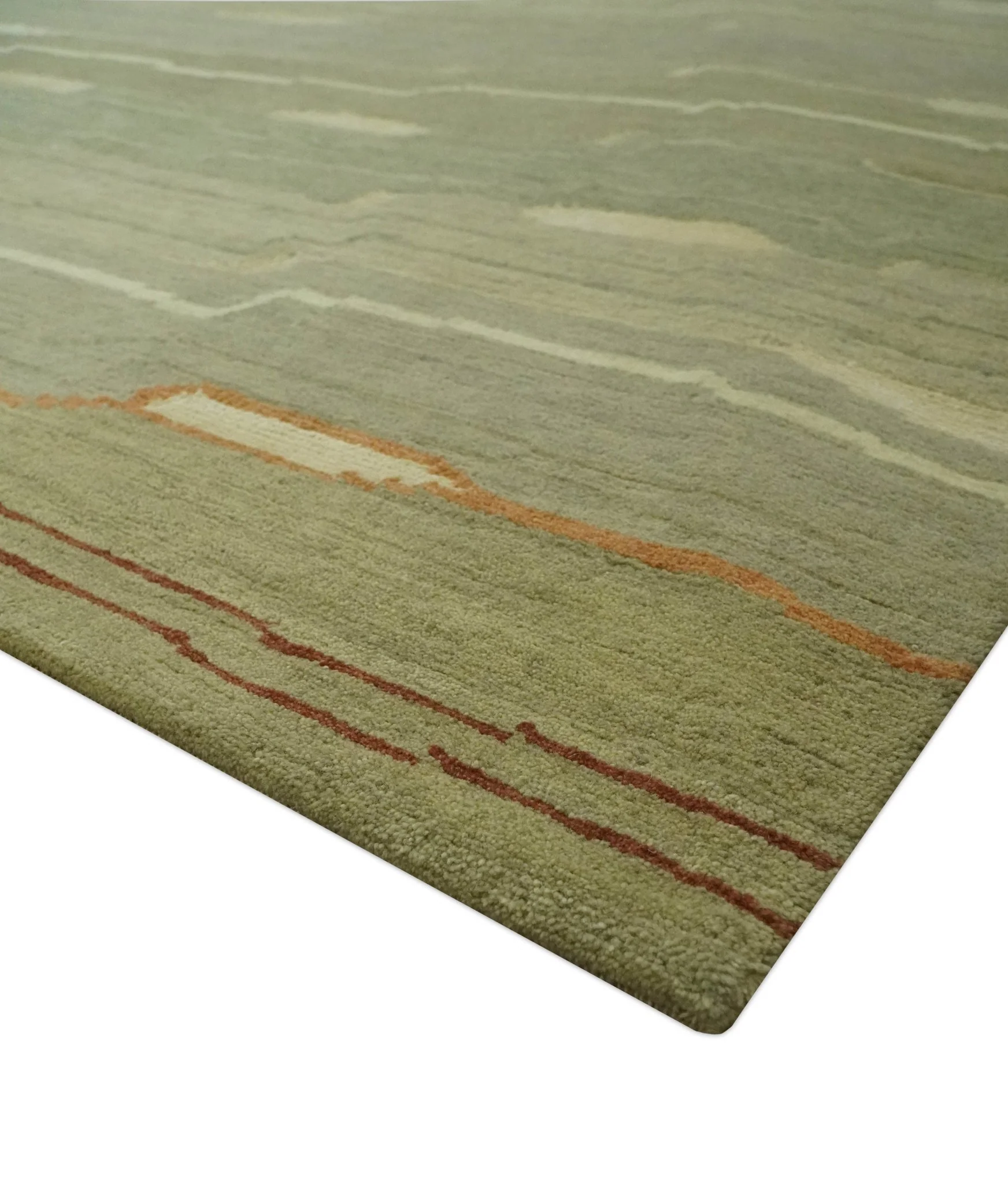 Modern stripes Design Olive, Light Green, Beige and Rust Hand loom 5x7 wool and Art Silk Area Rug - Image 5