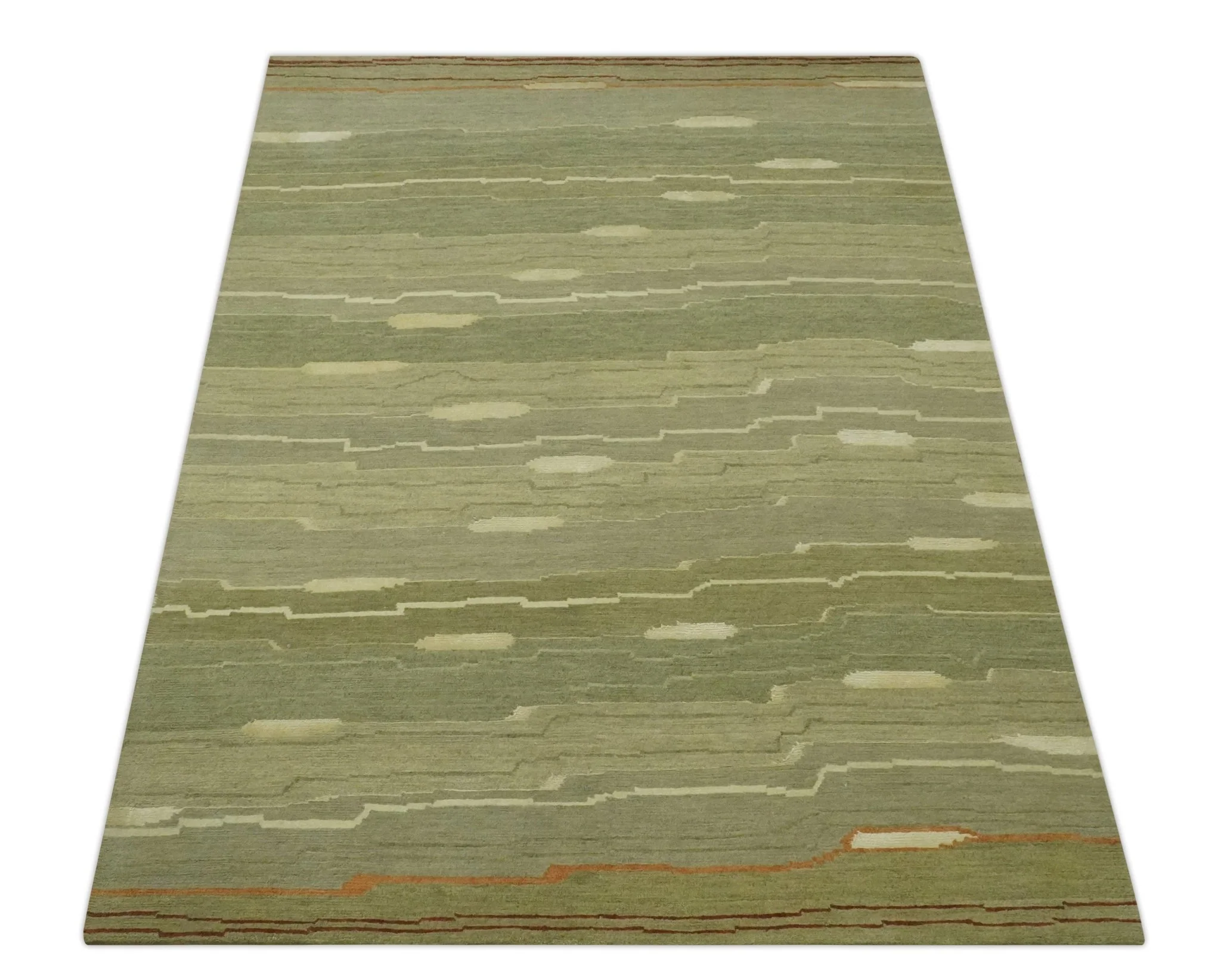 Modern stripes Design Olive, Light Green, Beige and Rust Hand loom 5x7 wool and Art Silk Area Rug - Image 9