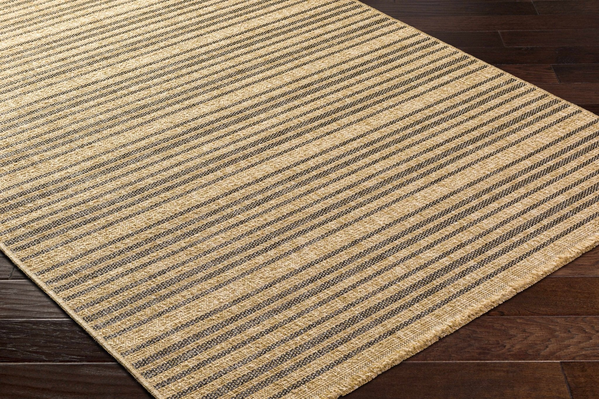Tan And Gray Stripes Pattern Machine Woven Indoor & Outdoor Rug - Image 2