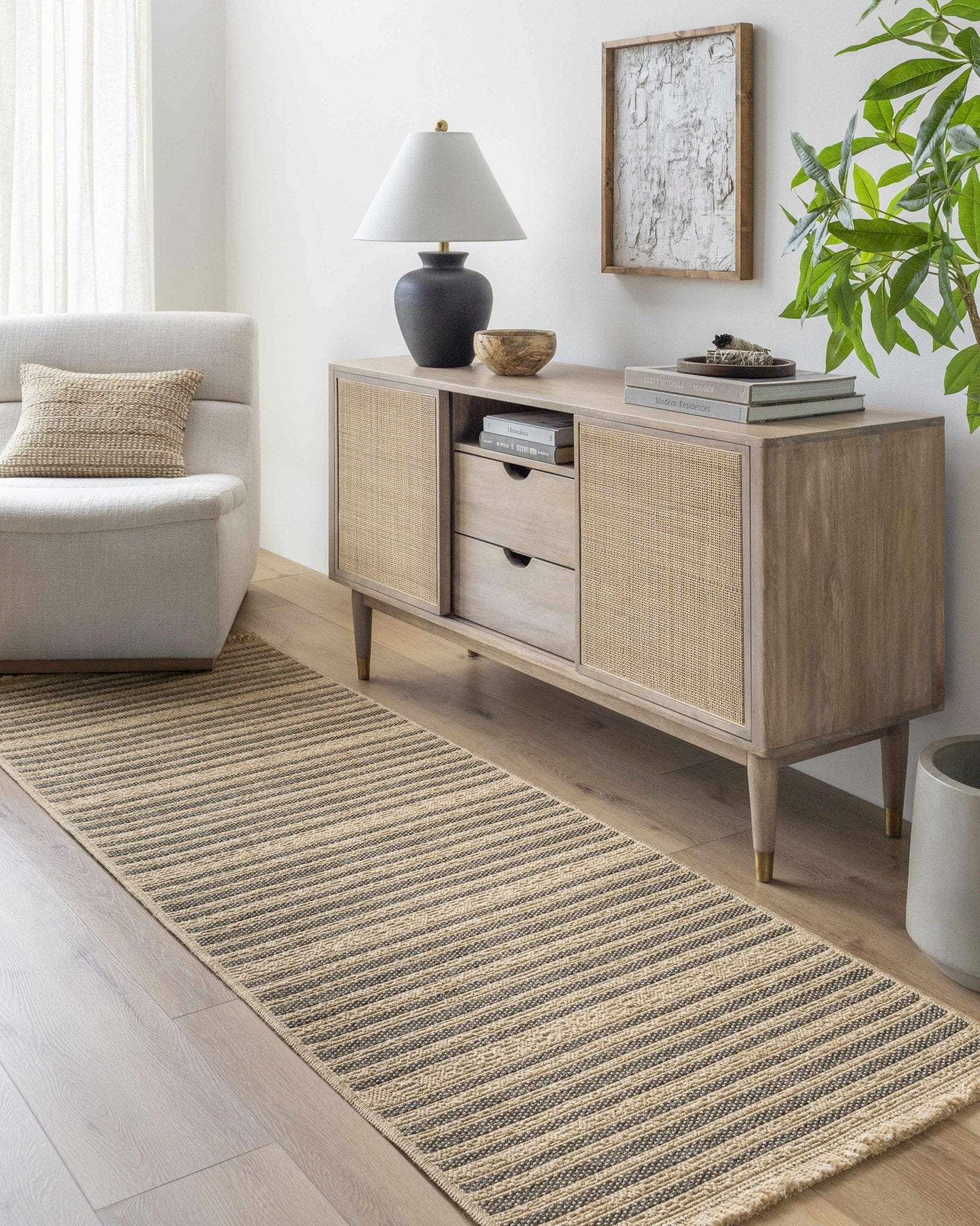 Tan And Gray Stripes Pattern Machine Woven Indoor & Outdoor Rug - Image 5