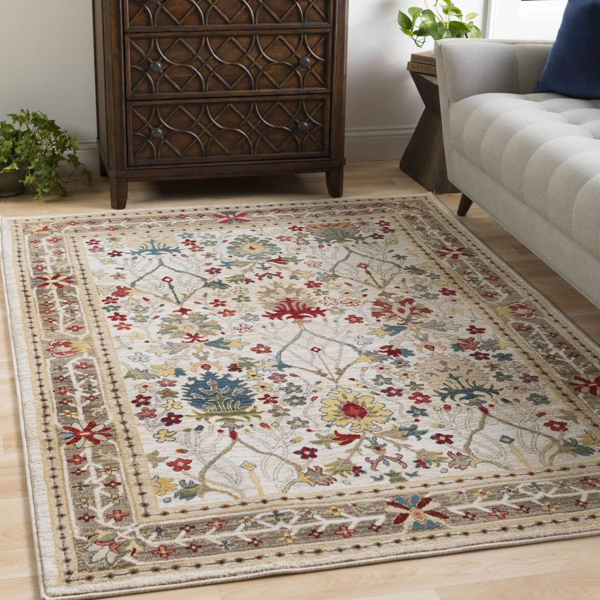 Tan, Brown, Green, Teal and Beige Traditional Donegal Floral ikat Design Area Rug - Image 2
