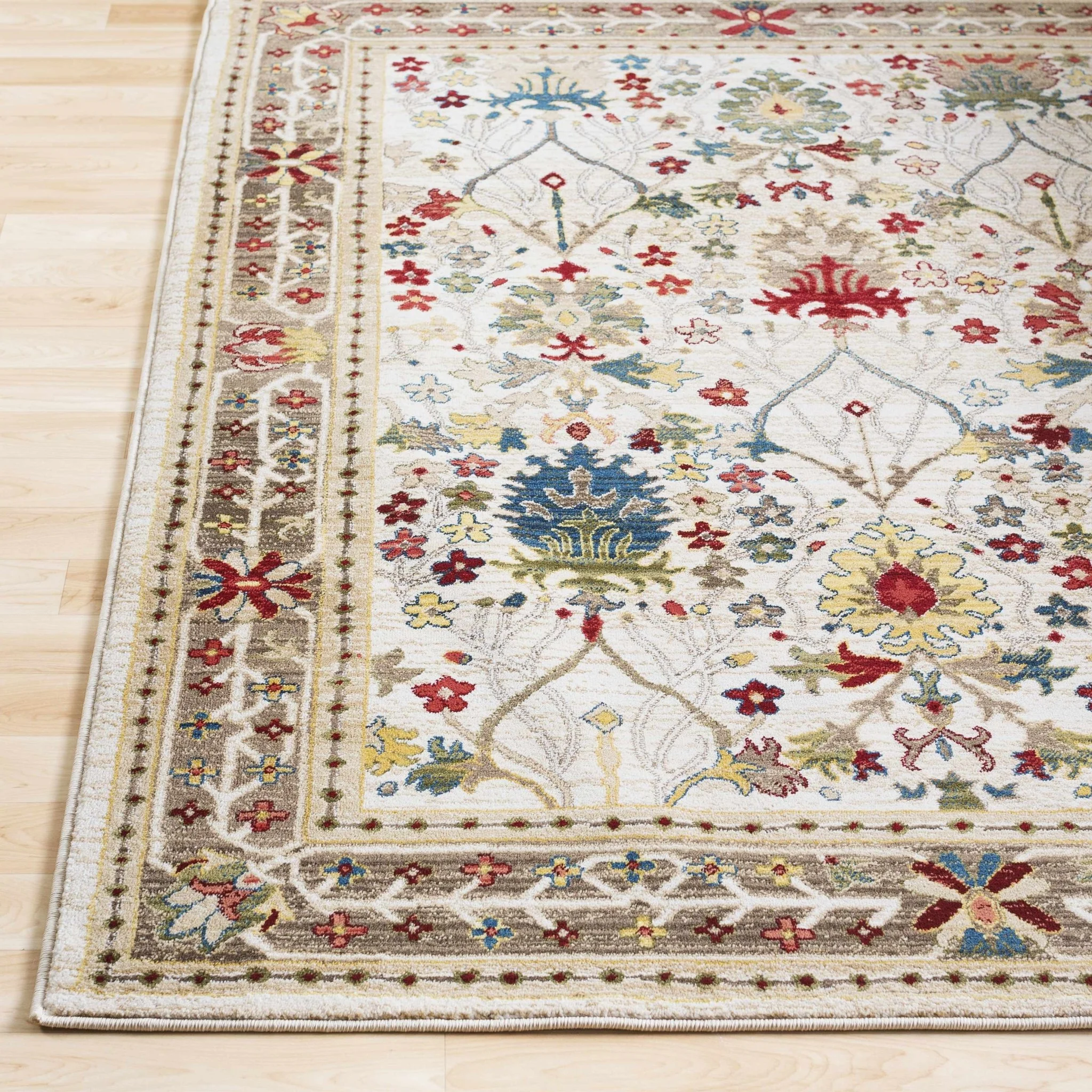 Tan, Brown, Green, Teal and Beige Traditional Donegal Floral ikat Design Area Rug - Image 8