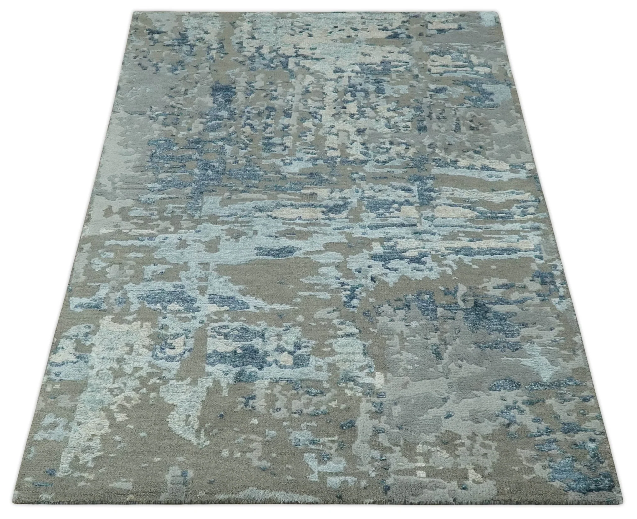 Modern Abstract Taupe, Aqua, Blue and Gray Hand Knotted 5x8 wool Area Rug - Image 10