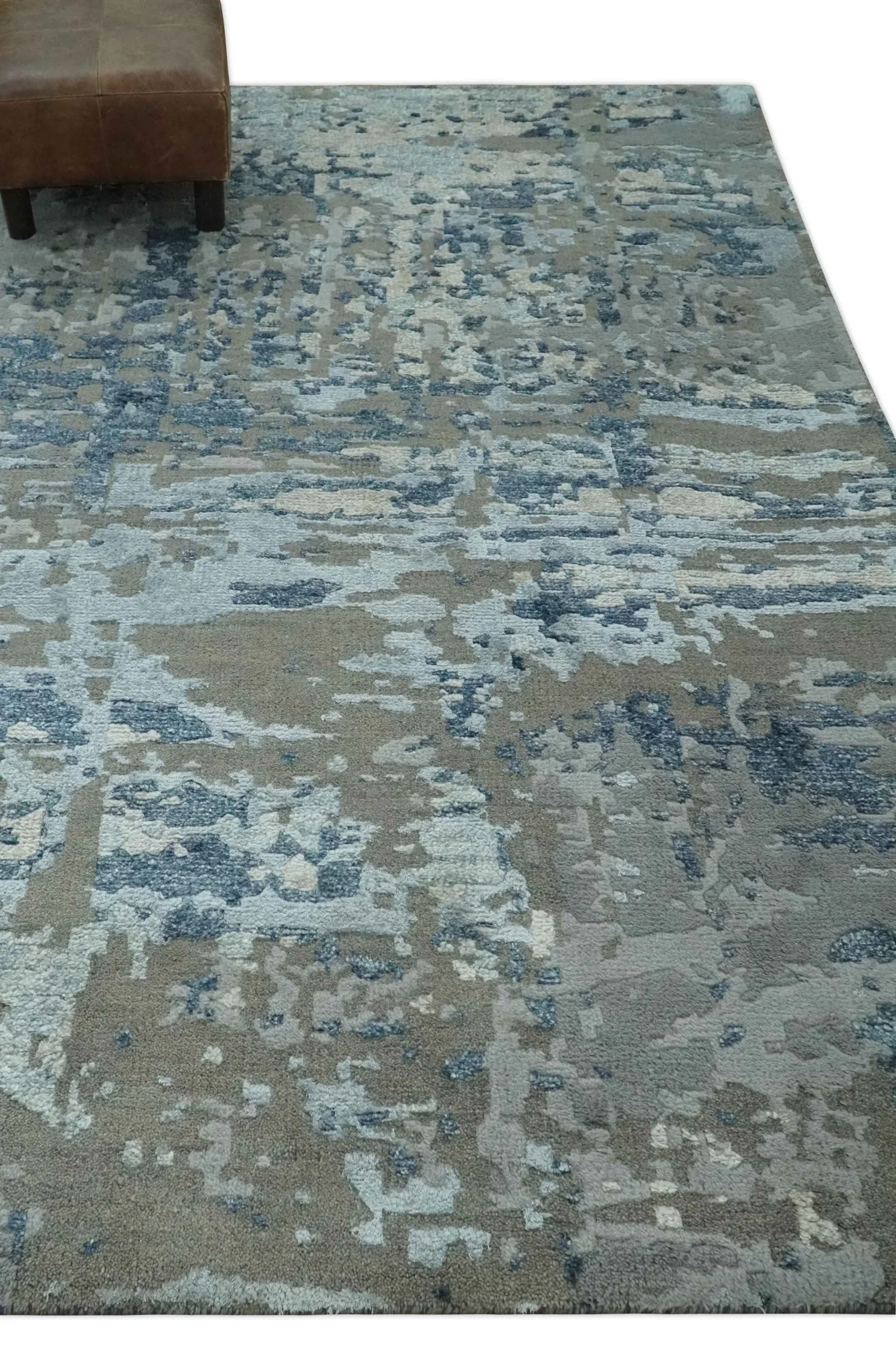 Modern Abstract Taupe, Aqua, Blue and Gray Hand Knotted 5x8 wool Area Rug - Image 3