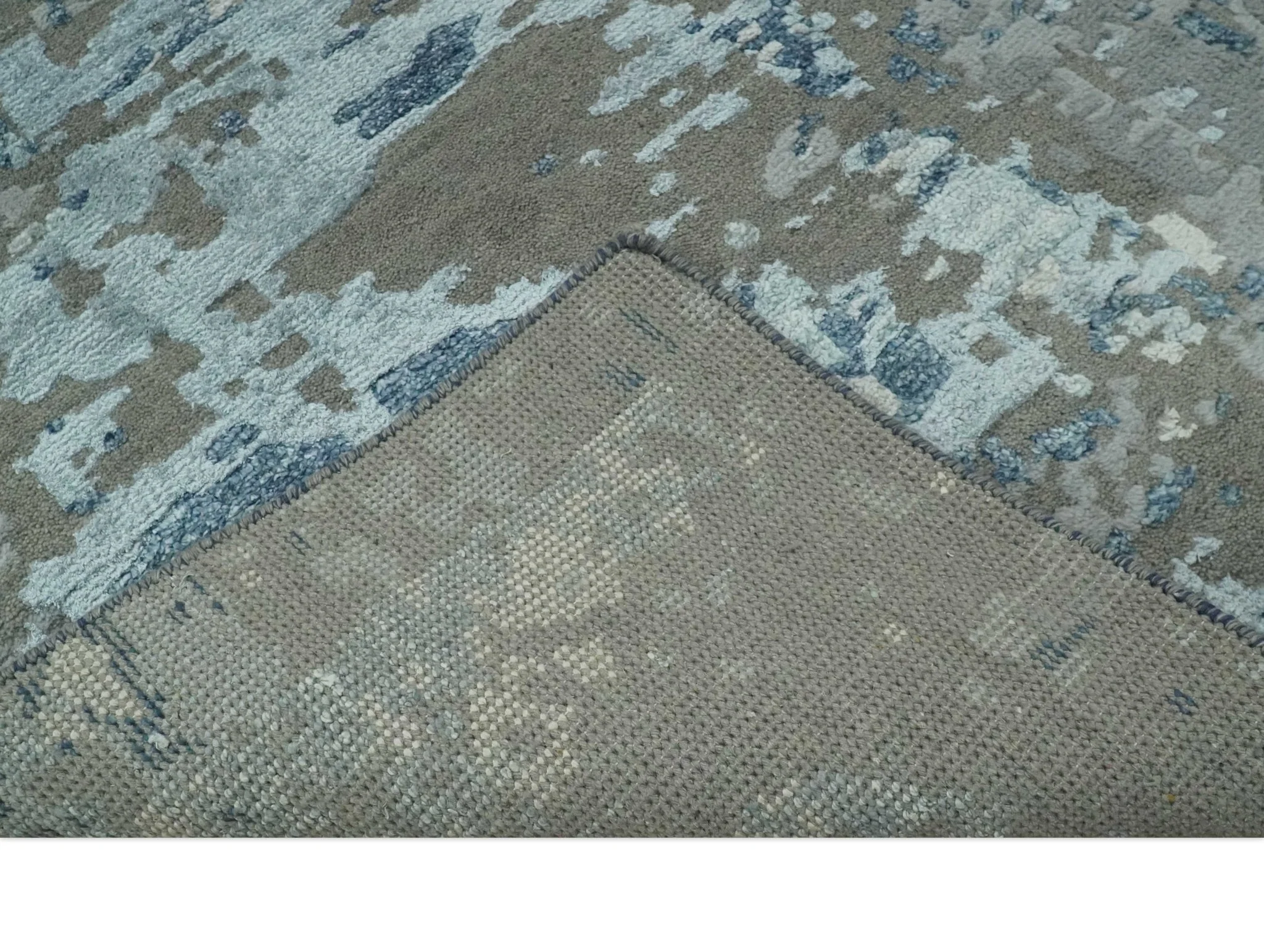 Modern Abstract Taupe, Aqua, Blue and Gray Hand Knotted 5x8 wool Area Rug - Image 6