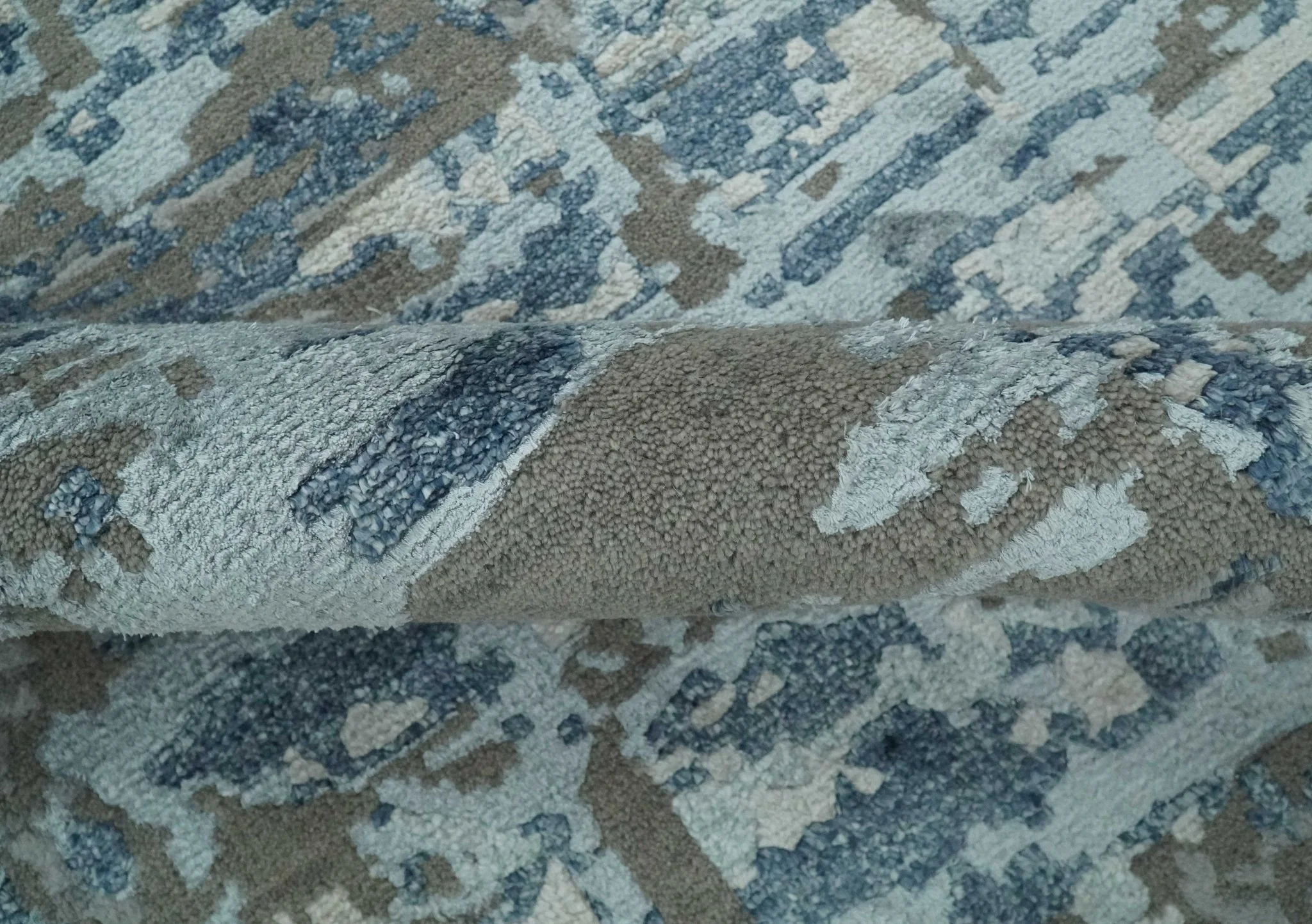 Modern Abstract Taupe, Aqua, Blue and Gray Hand Knotted 5x8 wool Area Rug - Image 7