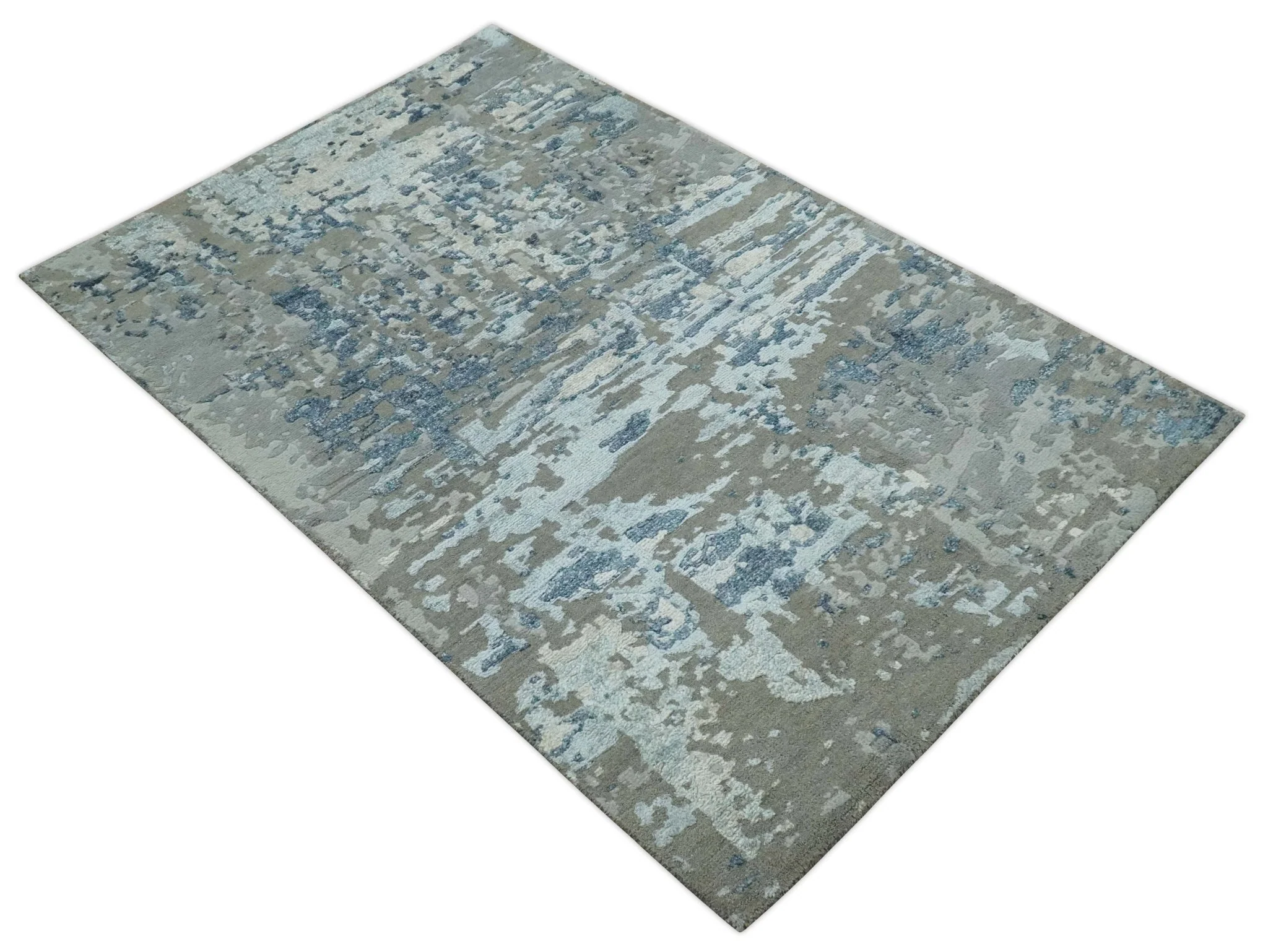 Modern Abstract Taupe, Aqua, Blue and Gray Hand Knotted 5x8 wool Area Rug - Image 9