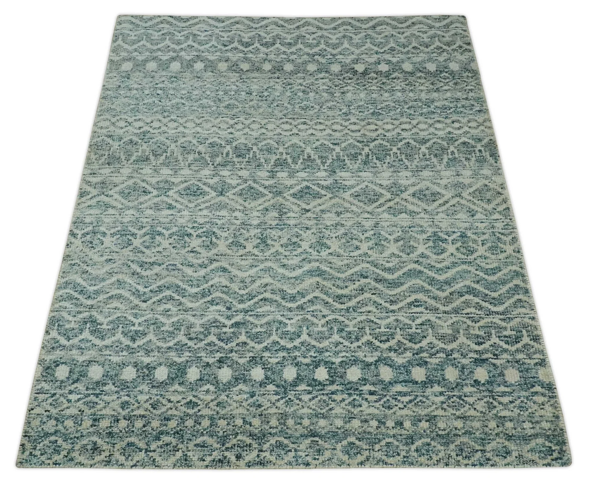 5x7 Teal and Beige Hand knotted southwestern Tribal trellis recycled Art Silk rug - Image 10