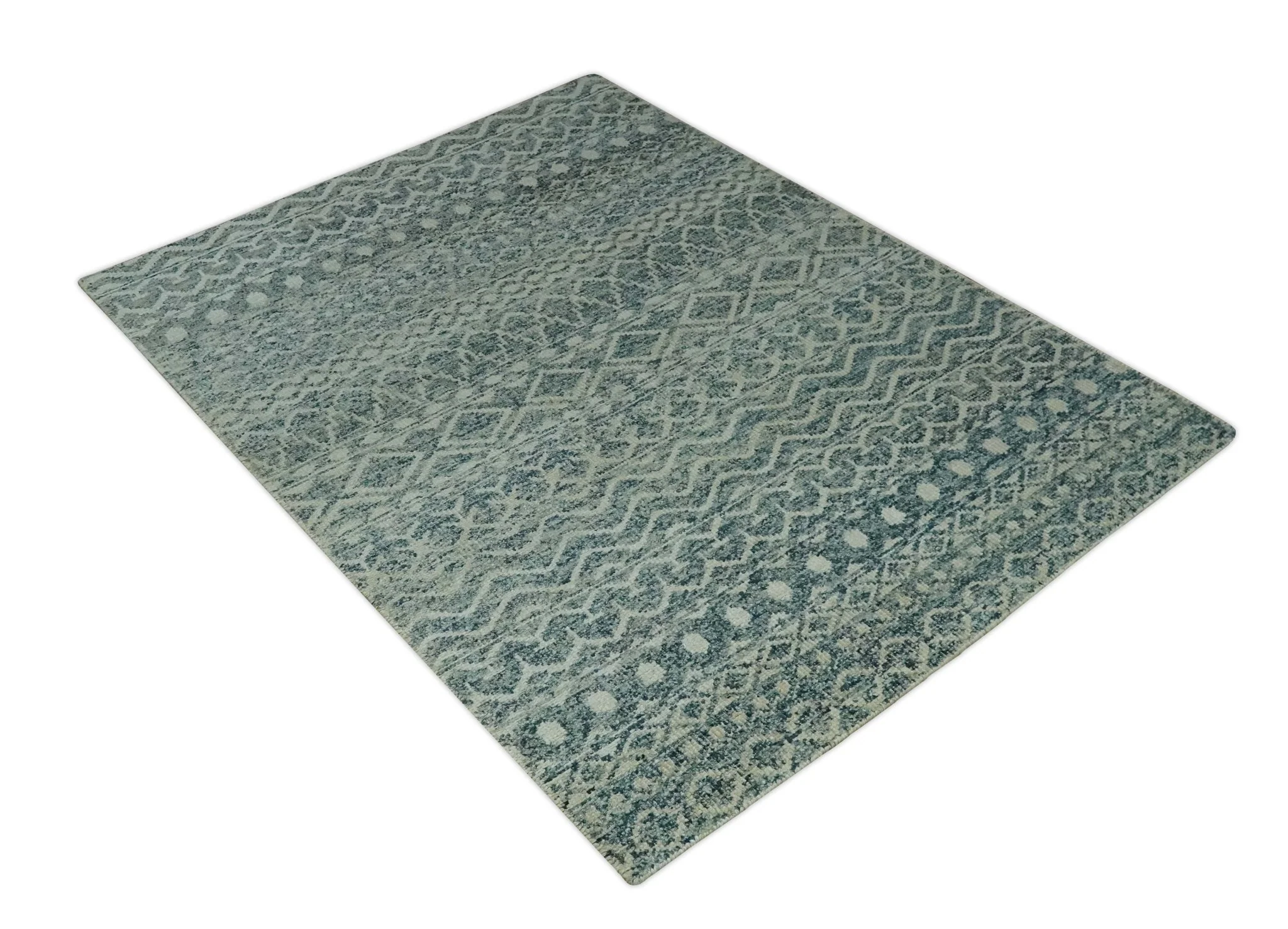 5x7 Teal and Beige Hand knotted southwestern Tribal trellis recycled Art Silk rug - Image 9