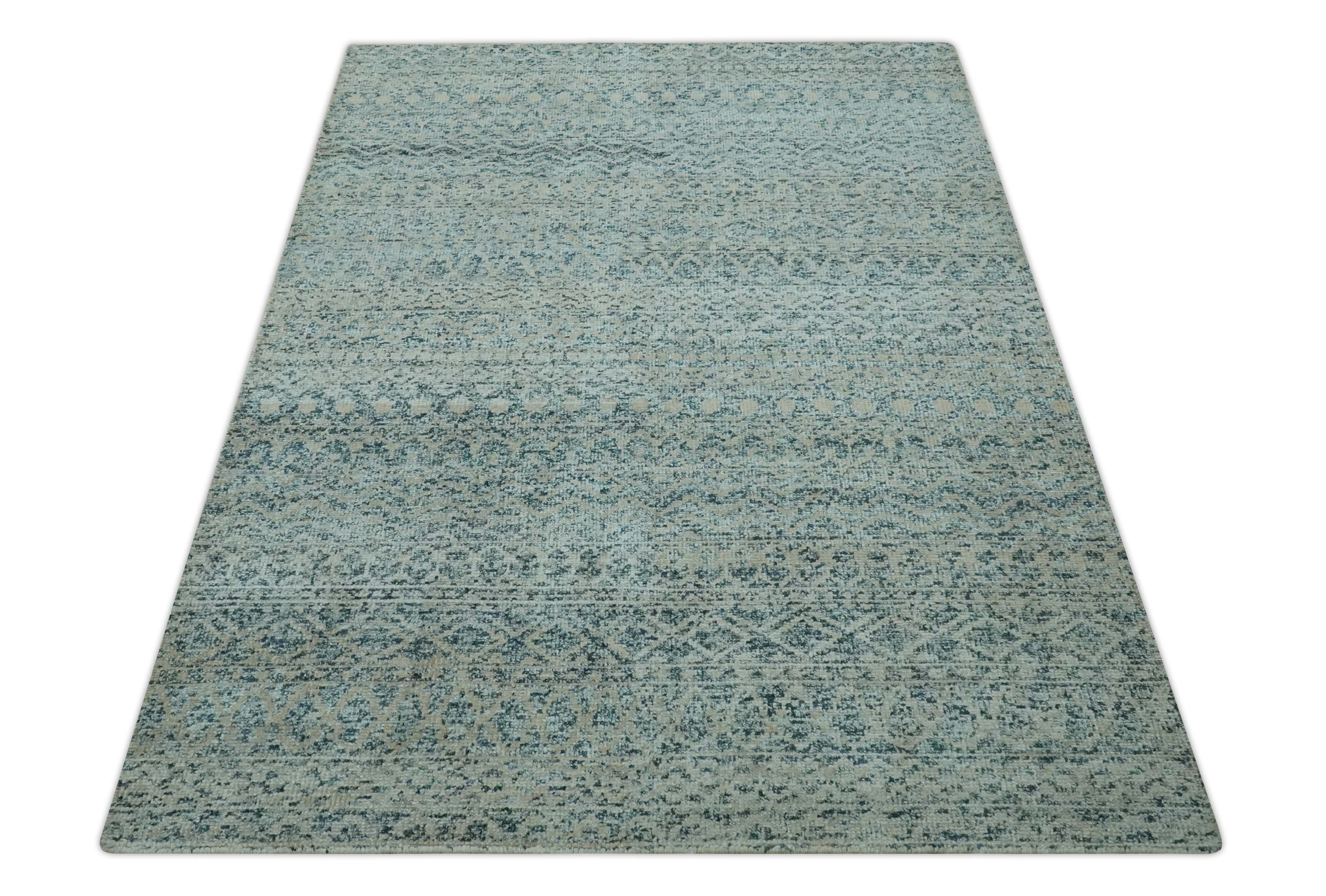 6X9 Teal and Beige Hand Knotted Southwestern Tribal Trellis recycled silk Rug - Image 10