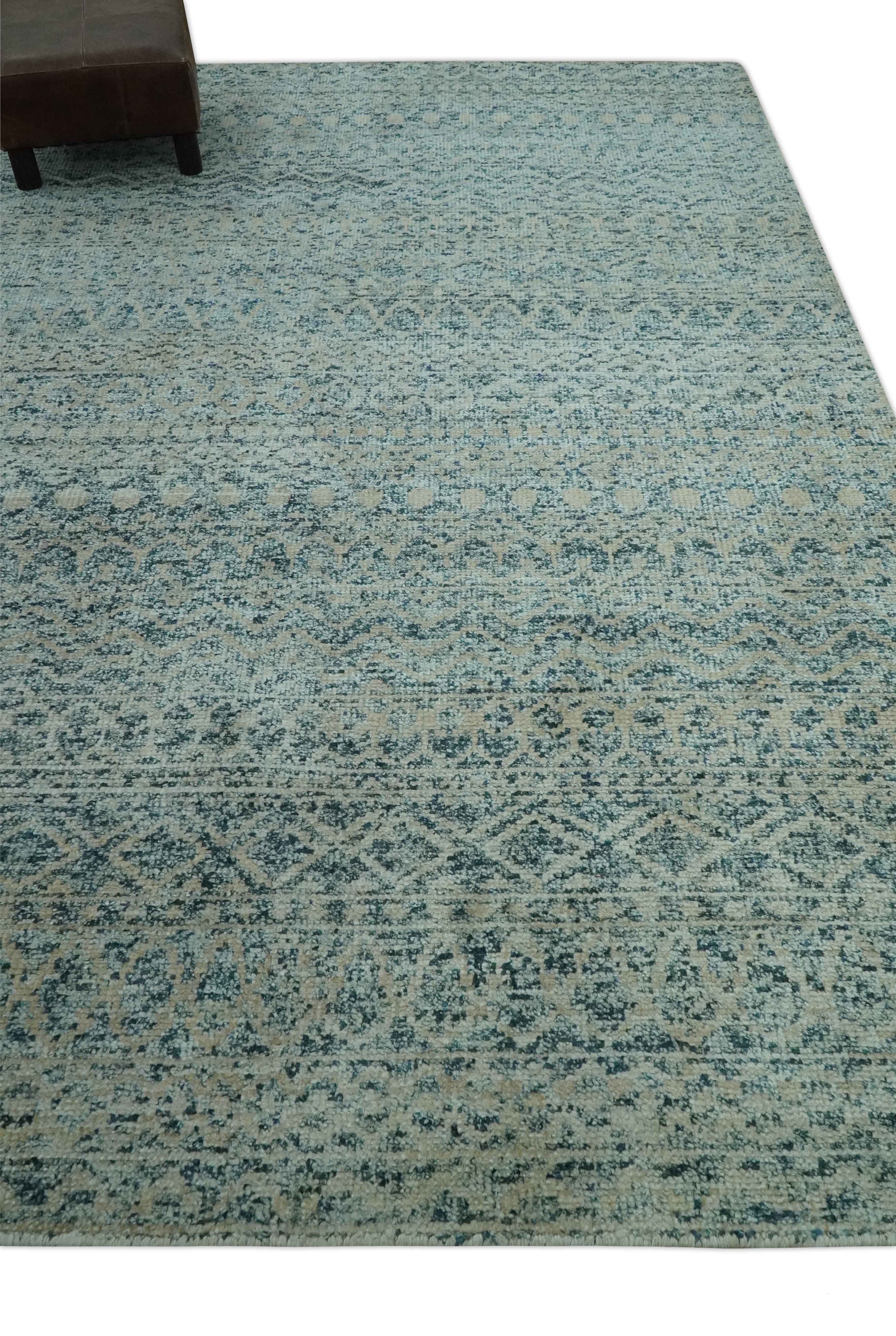 6X9 Teal and Beige Hand Knotted Southwestern Tribal Trellis recycled silk Rug - Image 3