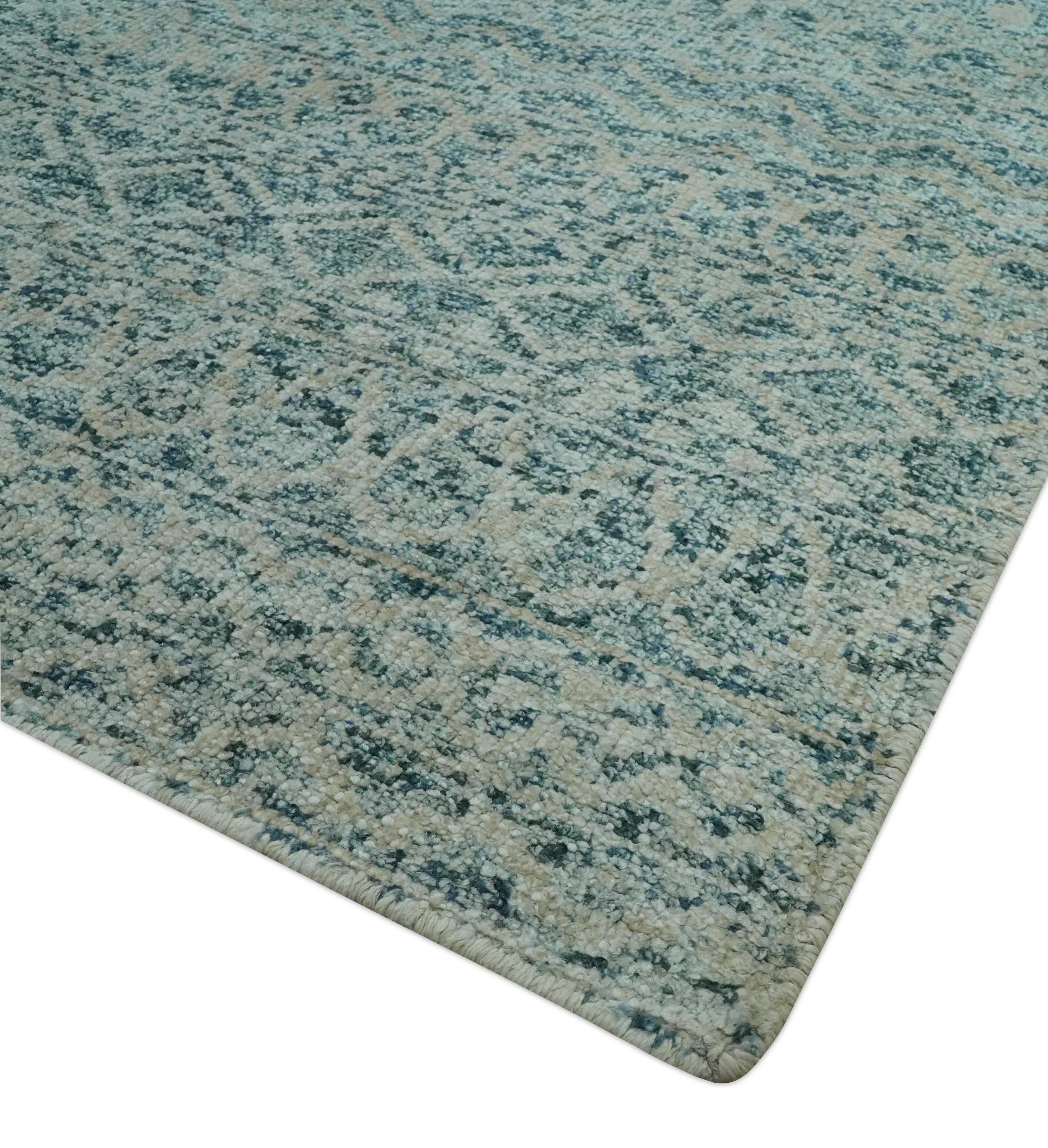 6X9 Teal and Beige Hand Knotted Southwestern Tribal Trellis recycled silk Rug - Image 5