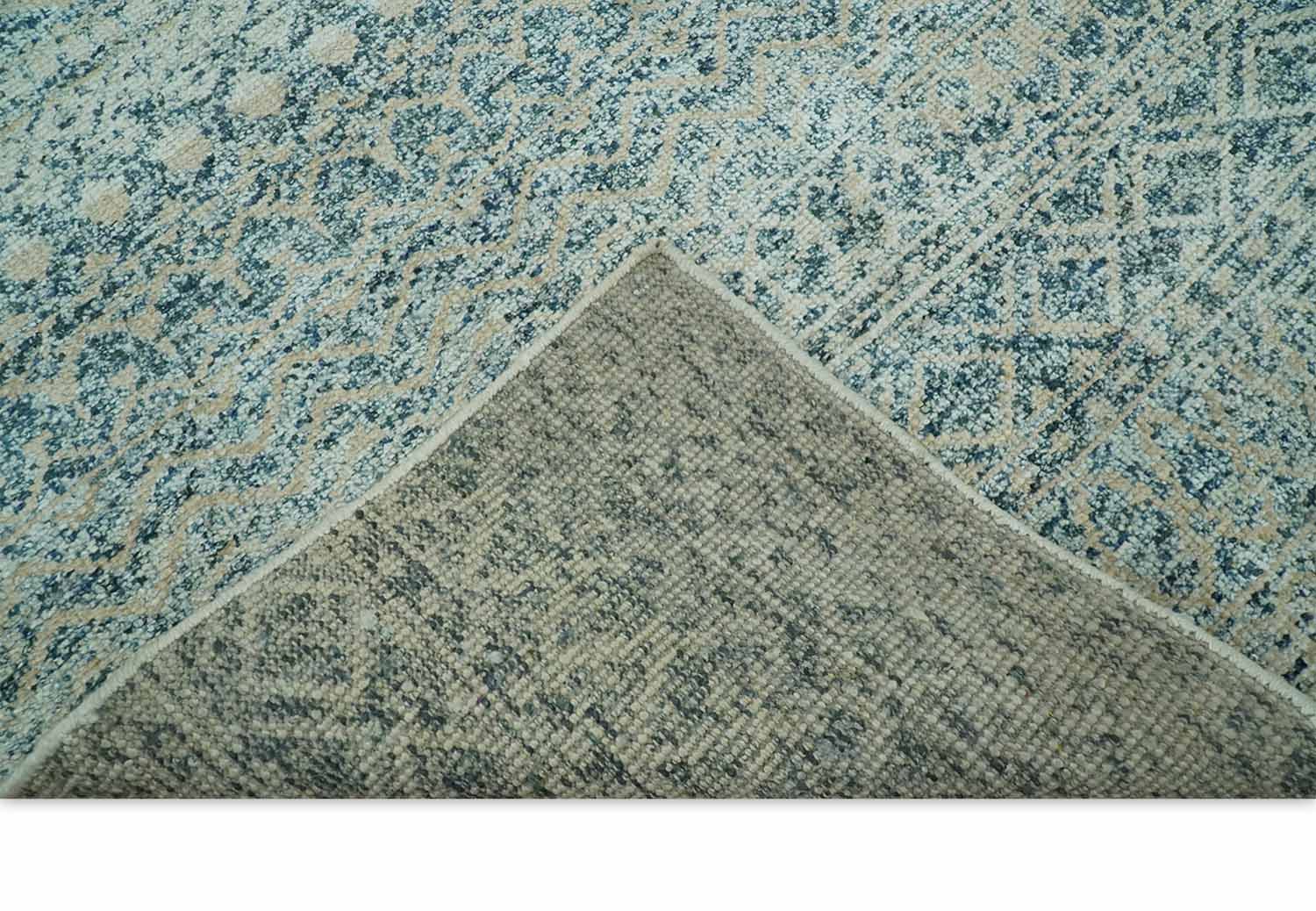 6X9 Teal and Beige Hand Knotted Southwestern Tribal Trellis recycled silk Rug - Image 7