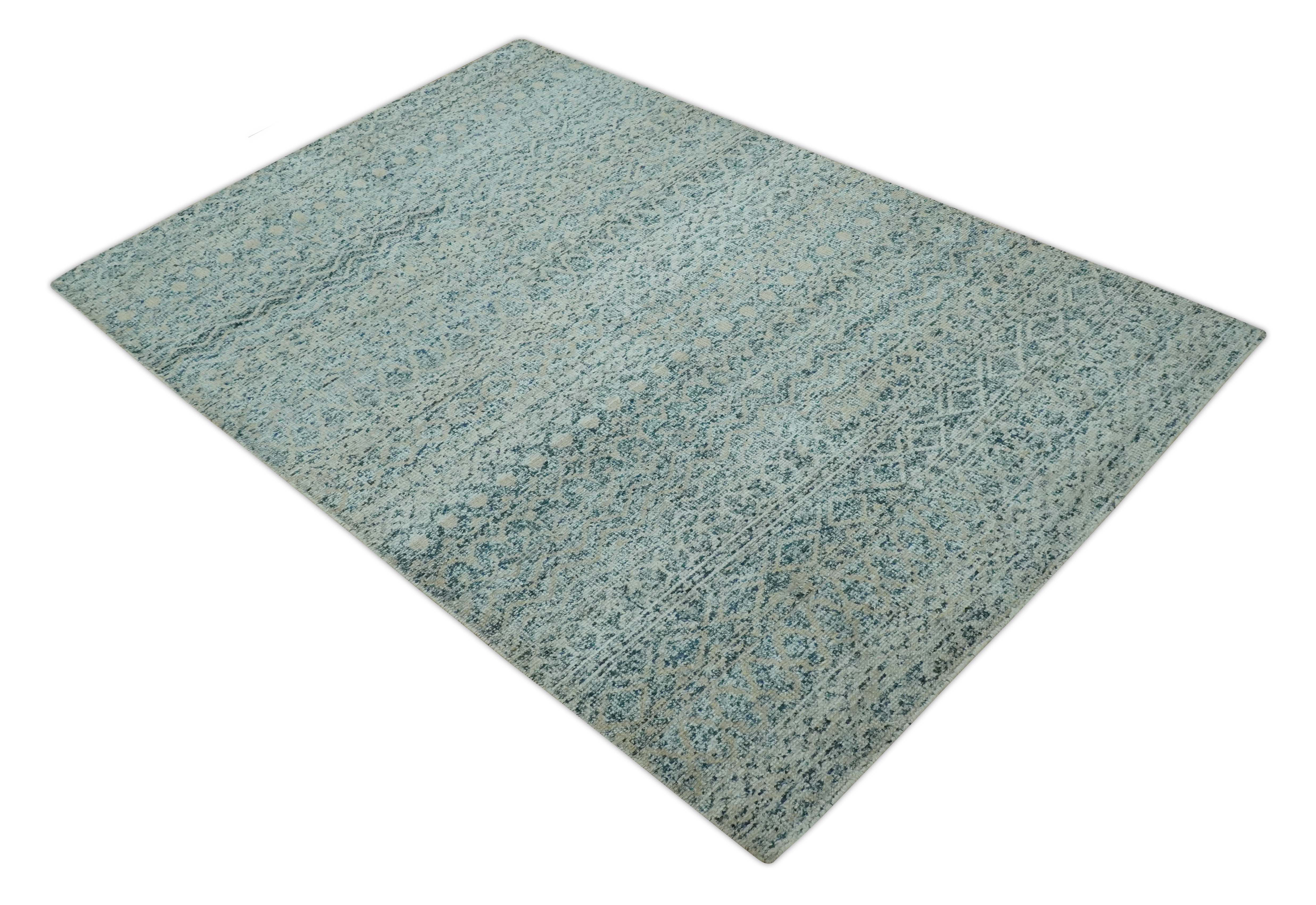 6X9 Teal and Beige Hand Knotted Southwestern Tribal Trellis recycled silk Rug - Image 9