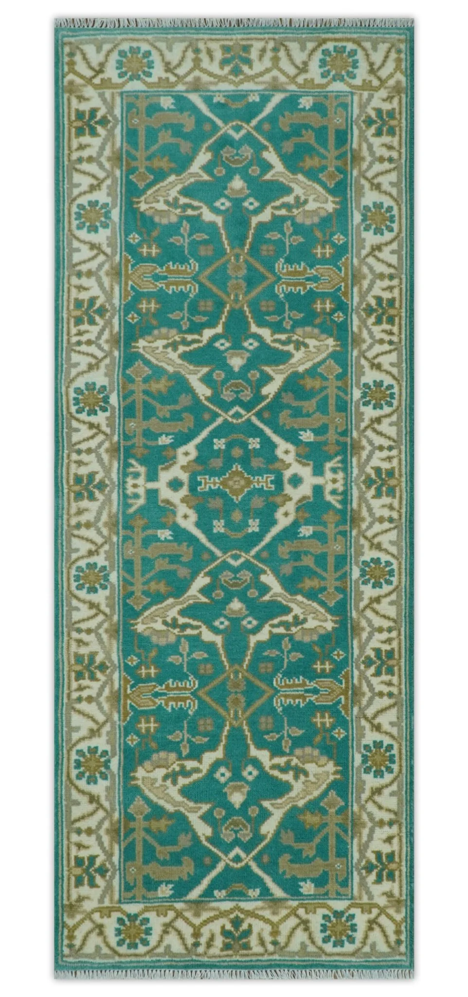 Custom Made Teal and Ivory Hand knotted Oriental Oushak Multi Size wool Area Rug - Image 11