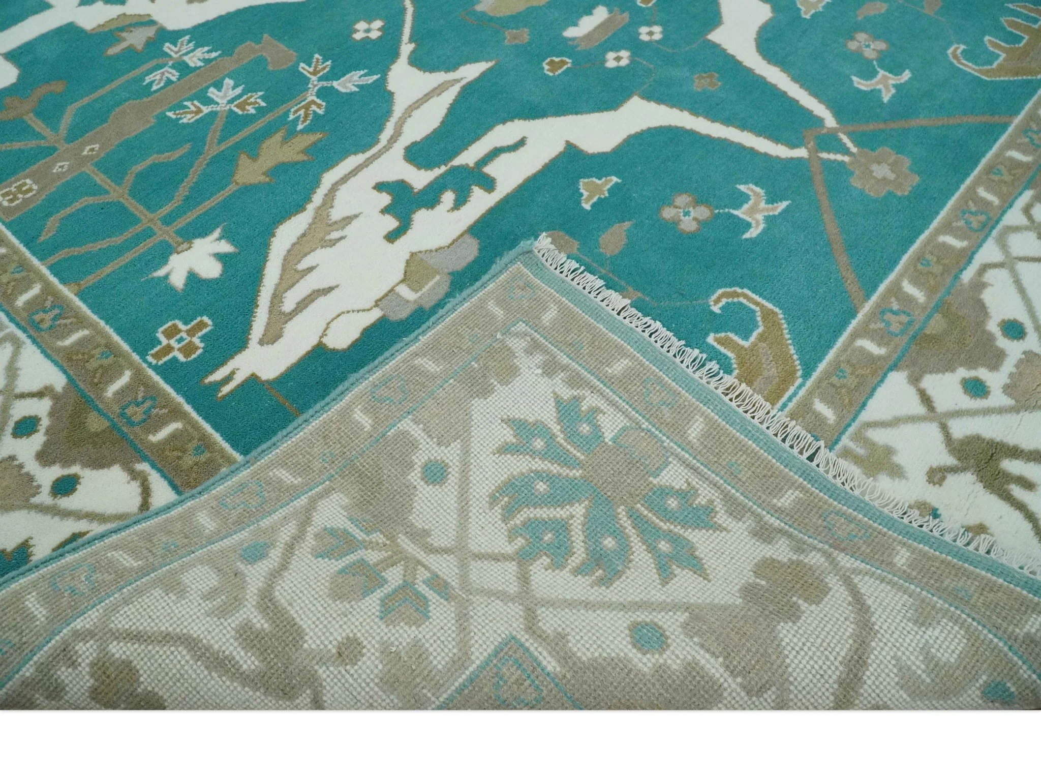 Custom Made Teal and Ivory Hand knotted Oriental Oushak Multi Size wool Area Rug - Image 6