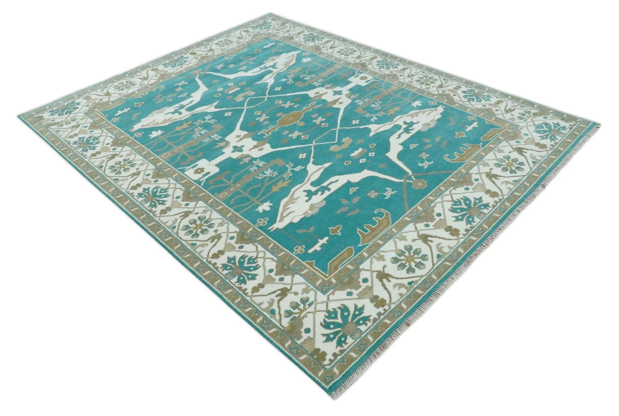 Custom Made Teal and Ivory Hand knotted Oriental Oushak Multi Size wool Area Rug - Image 9