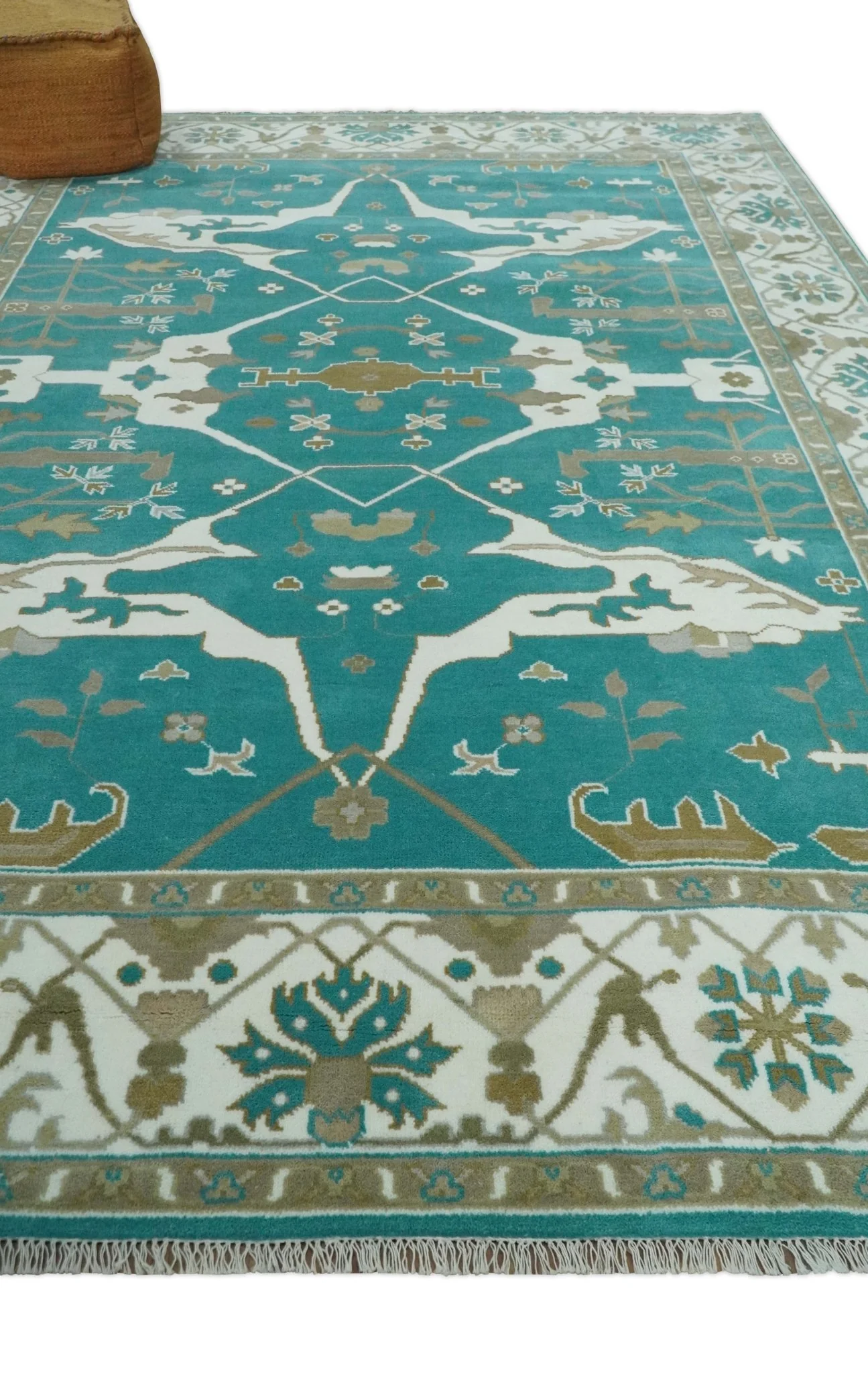 Teal and Ivory Hand knotted Oriental Oushak 9x12 wool Area Rug - Image 3