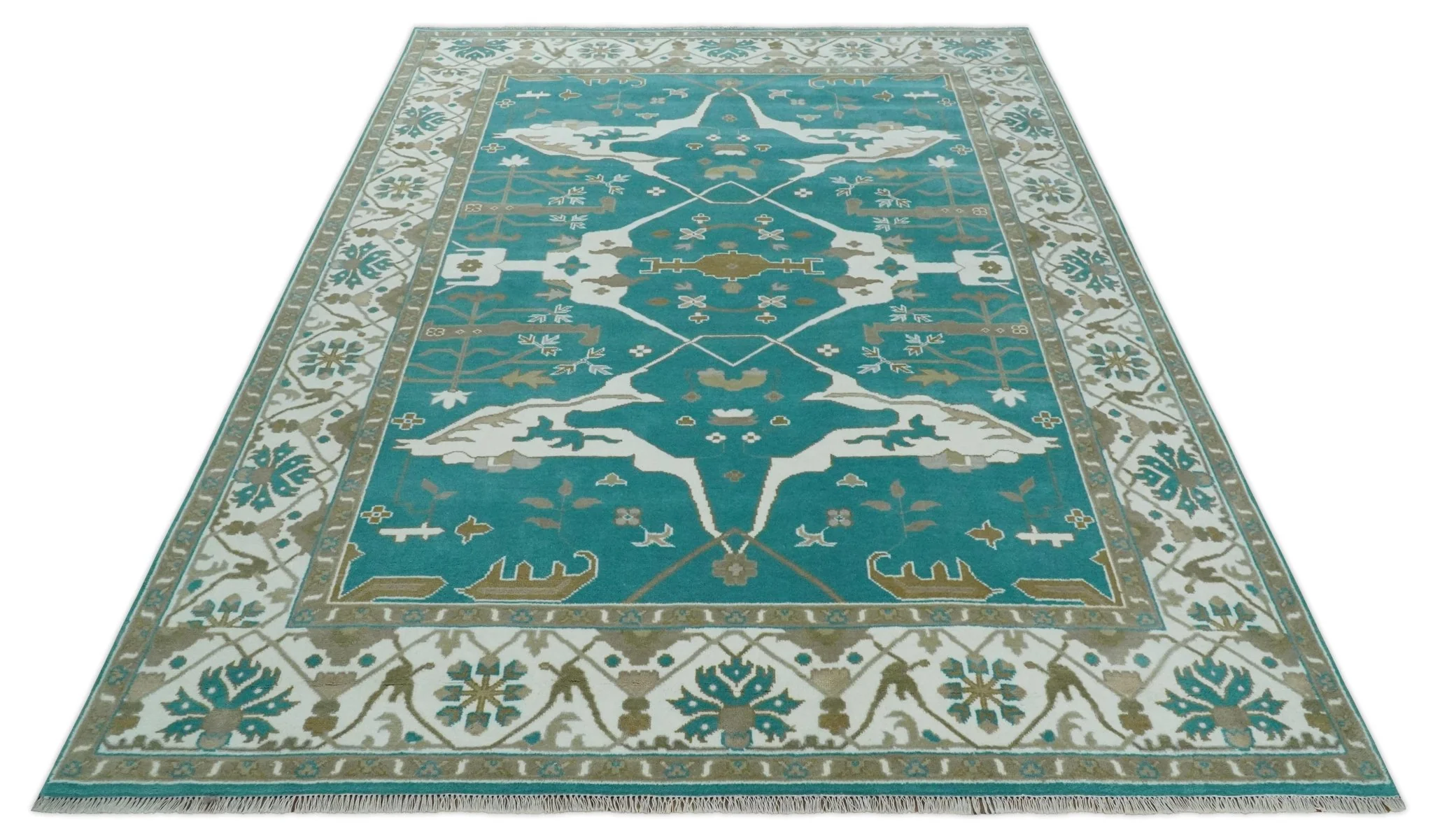 Teal and Ivory Hand knotted Oriental Oushak 9x12 wool Area Rug - Image 9