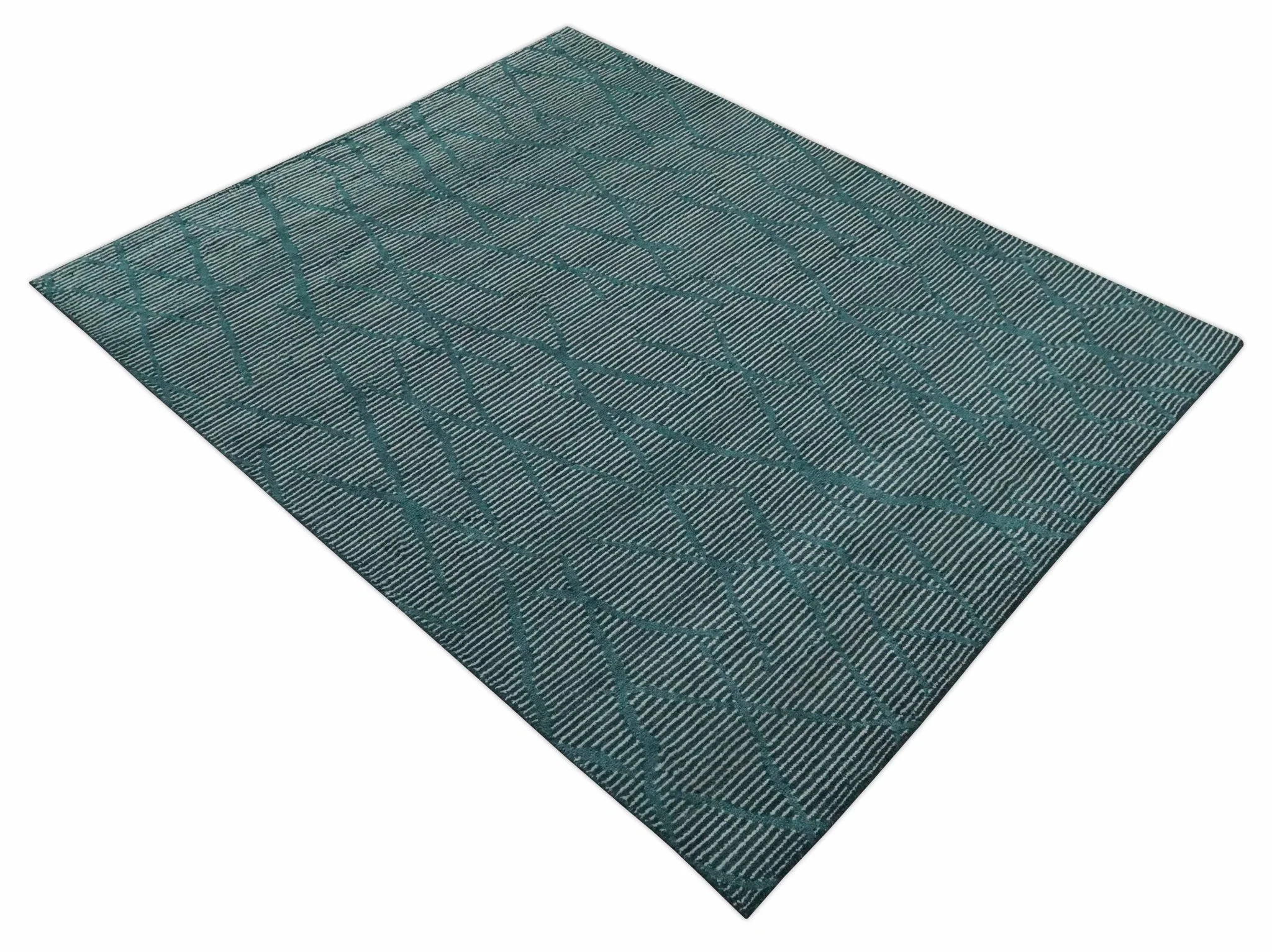 Custom Made Teal and Ivory Modern Stripes Design Hand Knotted wool Area Rug - Image 10