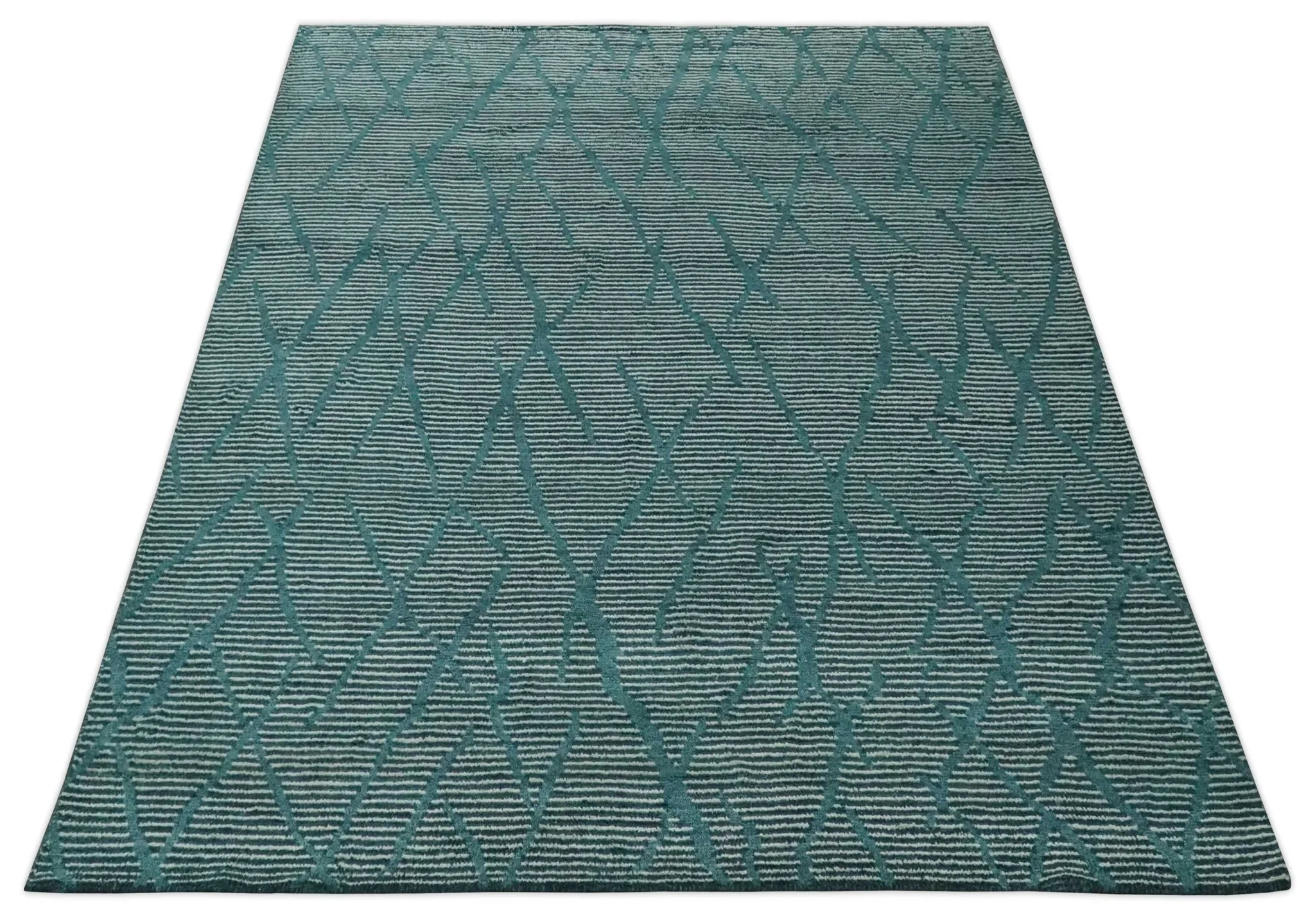 Custom Made Teal and Ivory Modern Stripes Design Hand Knotted wool Area Rug - Image 11