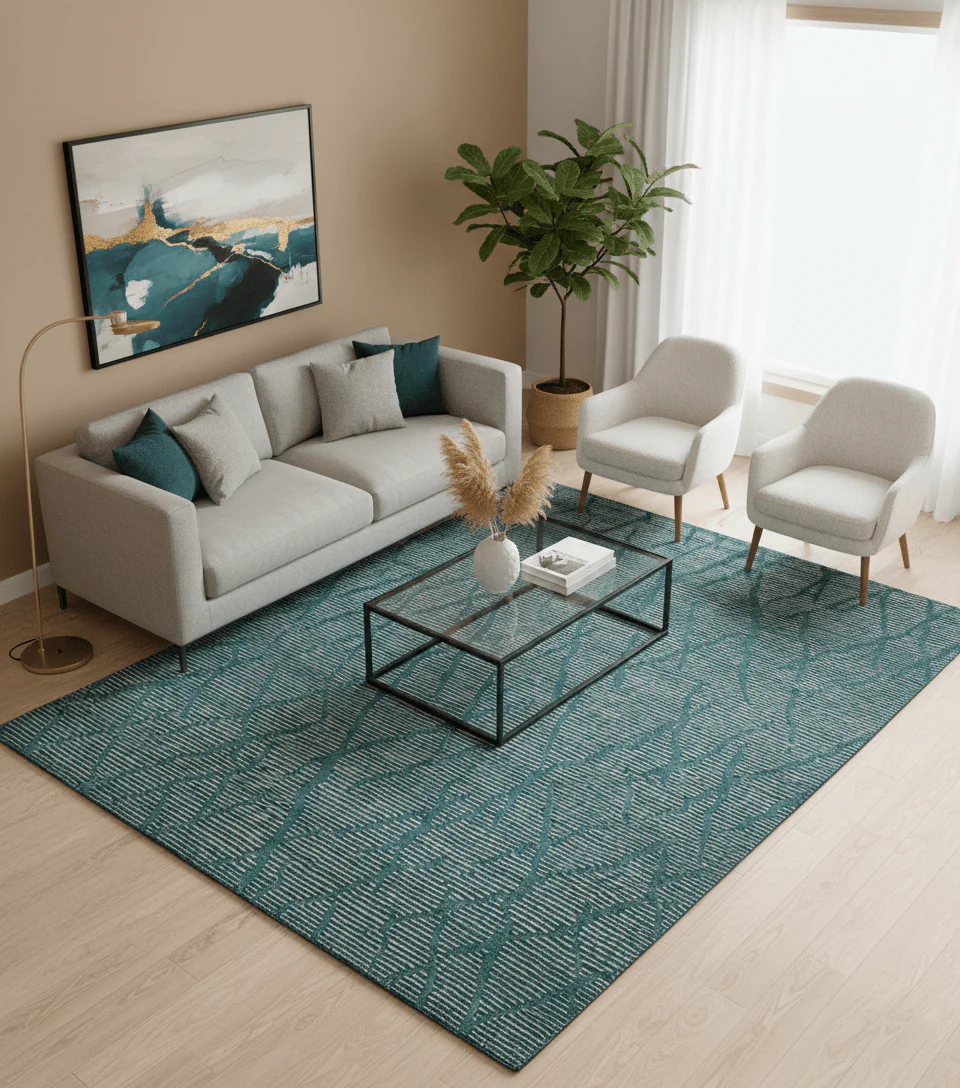Custom Made Teal and Ivory Modern Stripes Design Hand Knotted wool Area Rug - Image 2