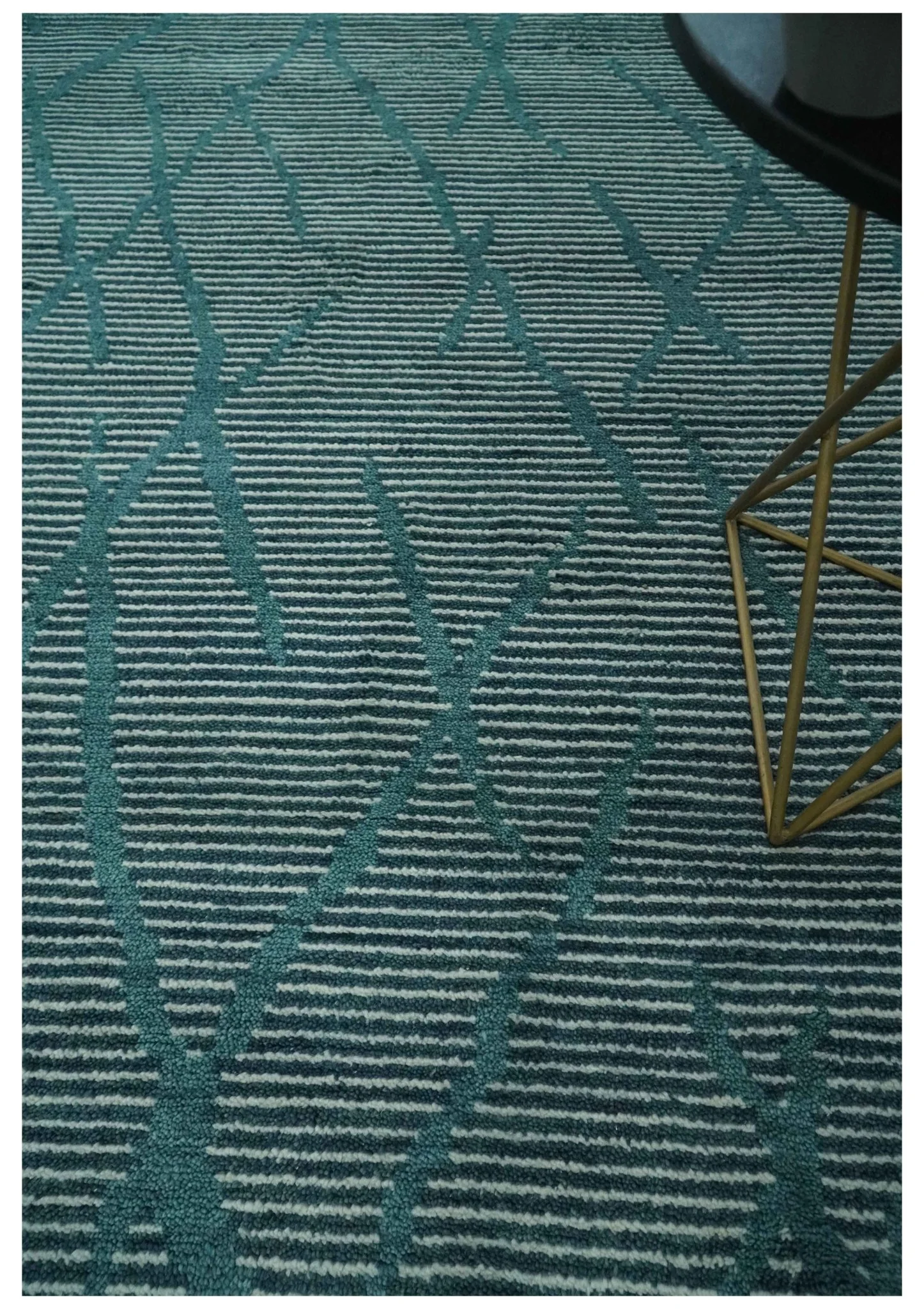 Custom Made Teal and Ivory Modern Stripes Design Hand Knotted wool Area Rug - Image 3