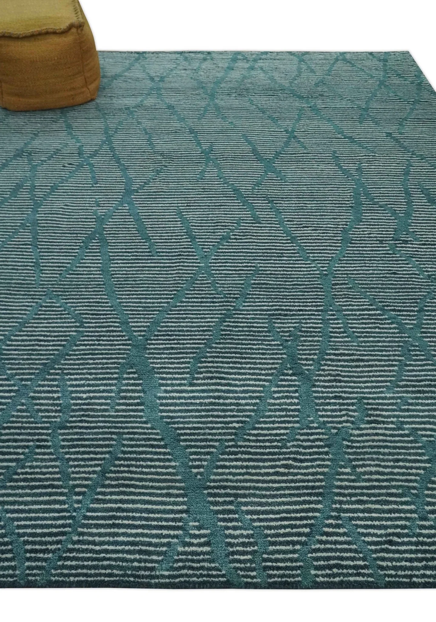 Custom Made Teal and Ivory Modern Stripes Design Hand Knotted wool Area Rug - Image 4