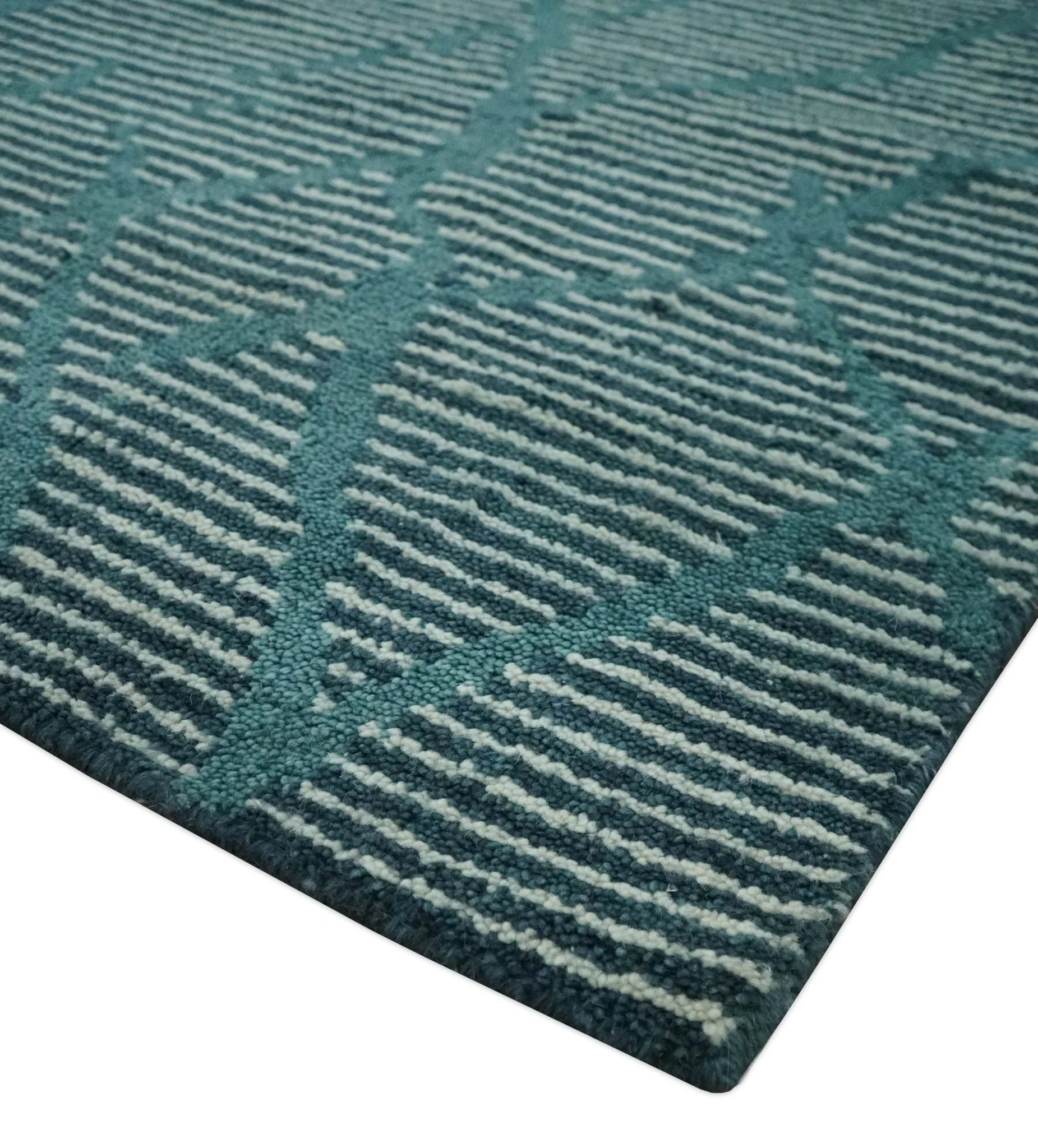 Custom Made Teal and Ivory Modern Stripes Design Hand Knotted wool Area Rug - Image 6