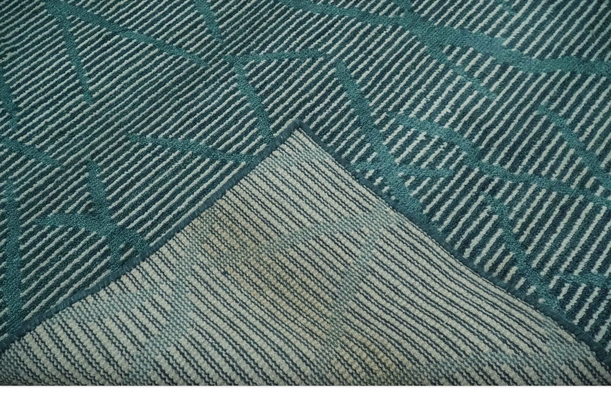 Custom Made Teal and Ivory Modern Stripes Design Hand Knotted wool Area Rug - Image 8